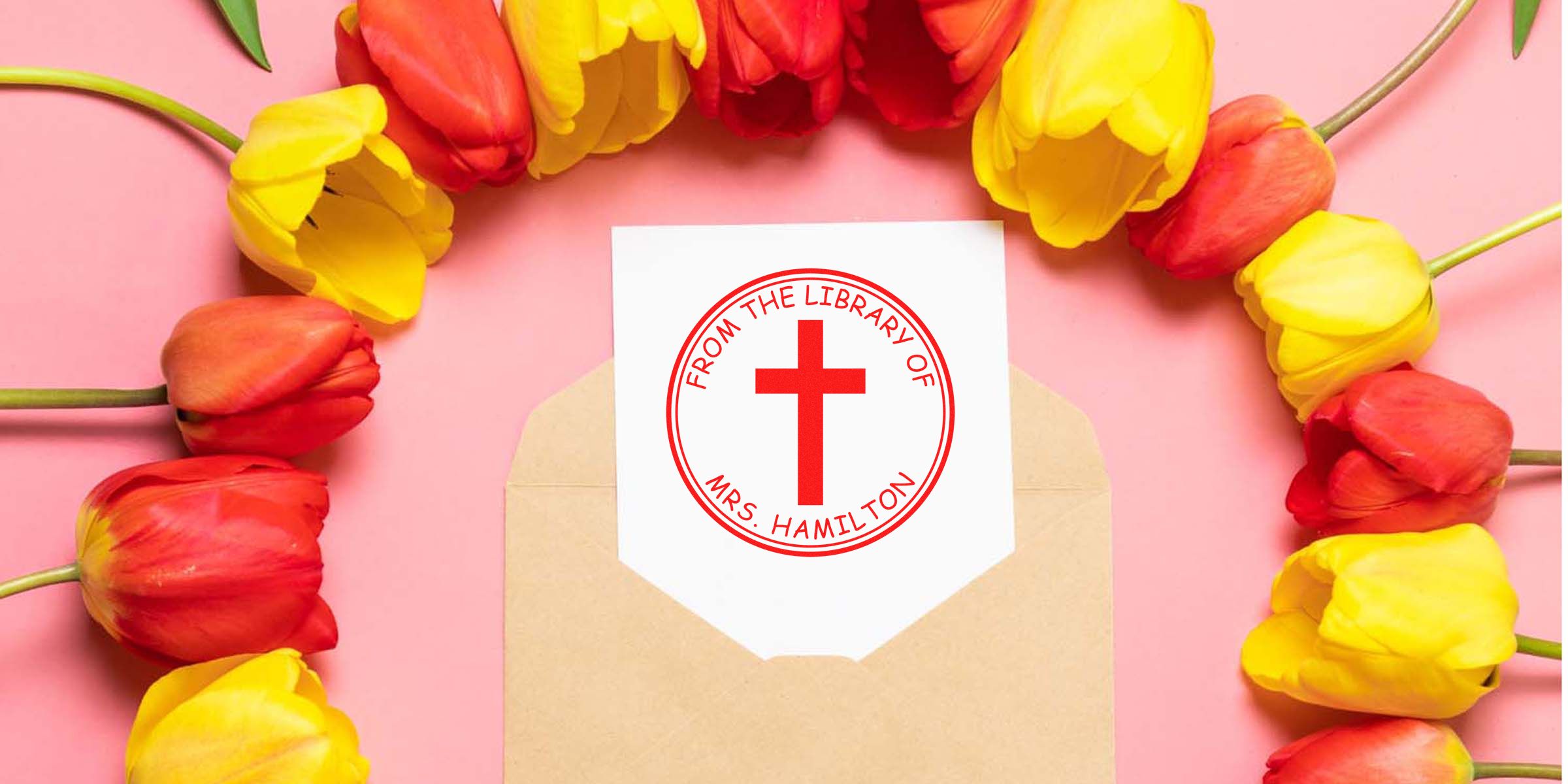 Card with a red cross stamp reading “From the Library of Mrs. Hamilton” on a white label, set against a pink background and framed by red and yellow tulips.