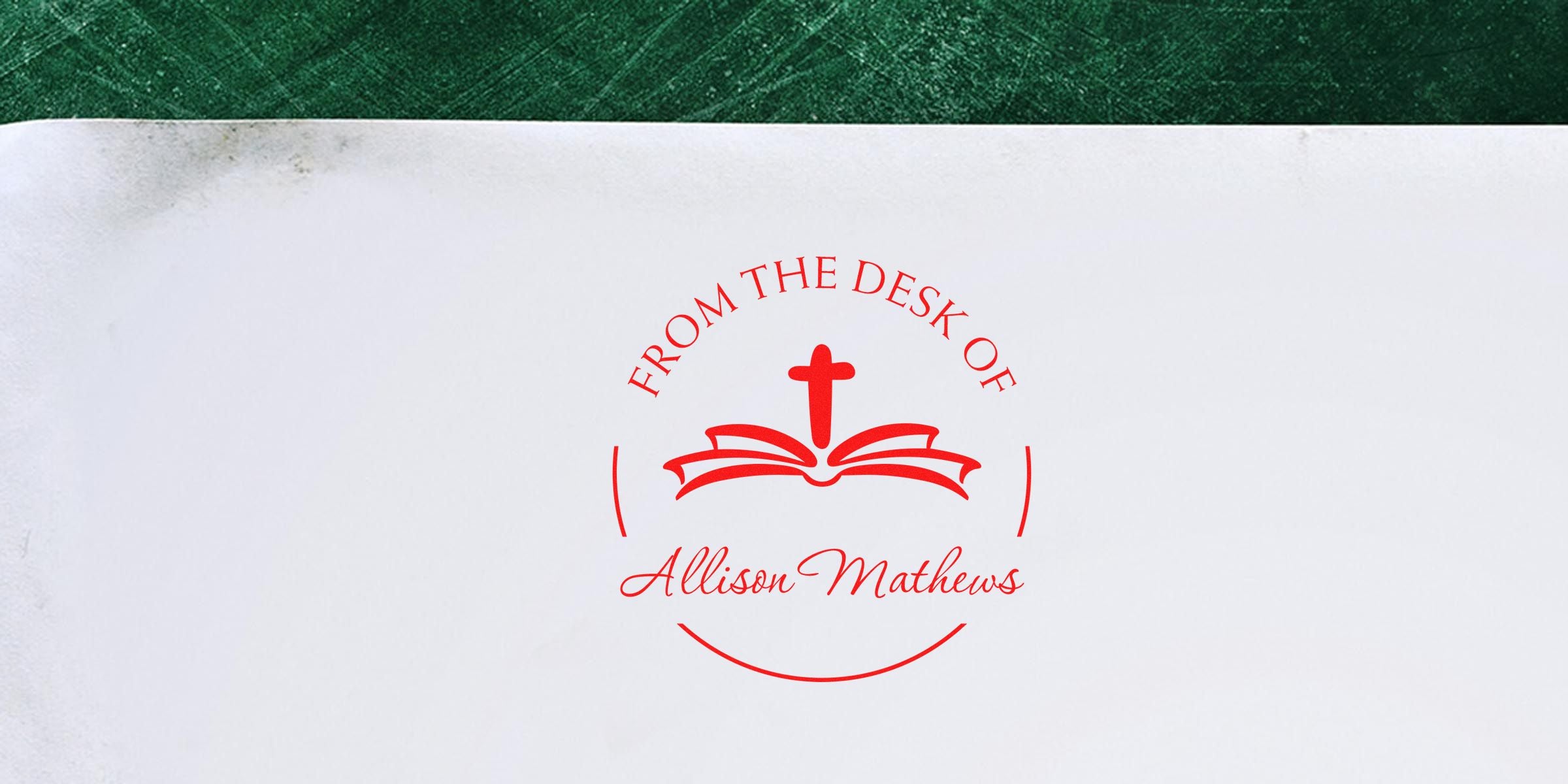 Logo with red circular text “From the Desk Of” around an open book and cross, plus the name “Allison Mathews.”