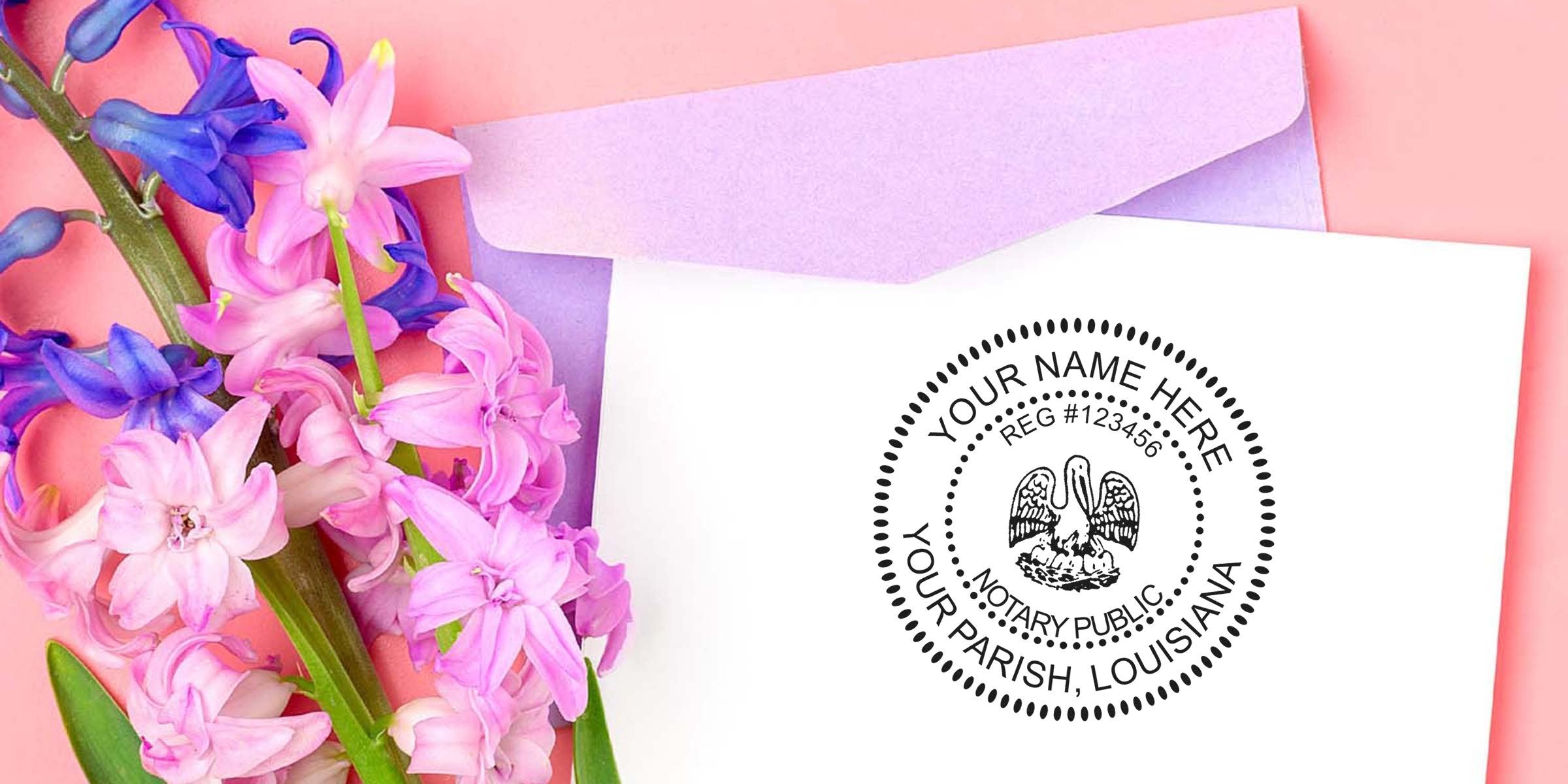 Notary public seal mockup on white card with pastel lavender envelope and pink and purple hyacinth flowers, Louisiana notary stamp design, spring floral stationery background for wedding invitations or business branding