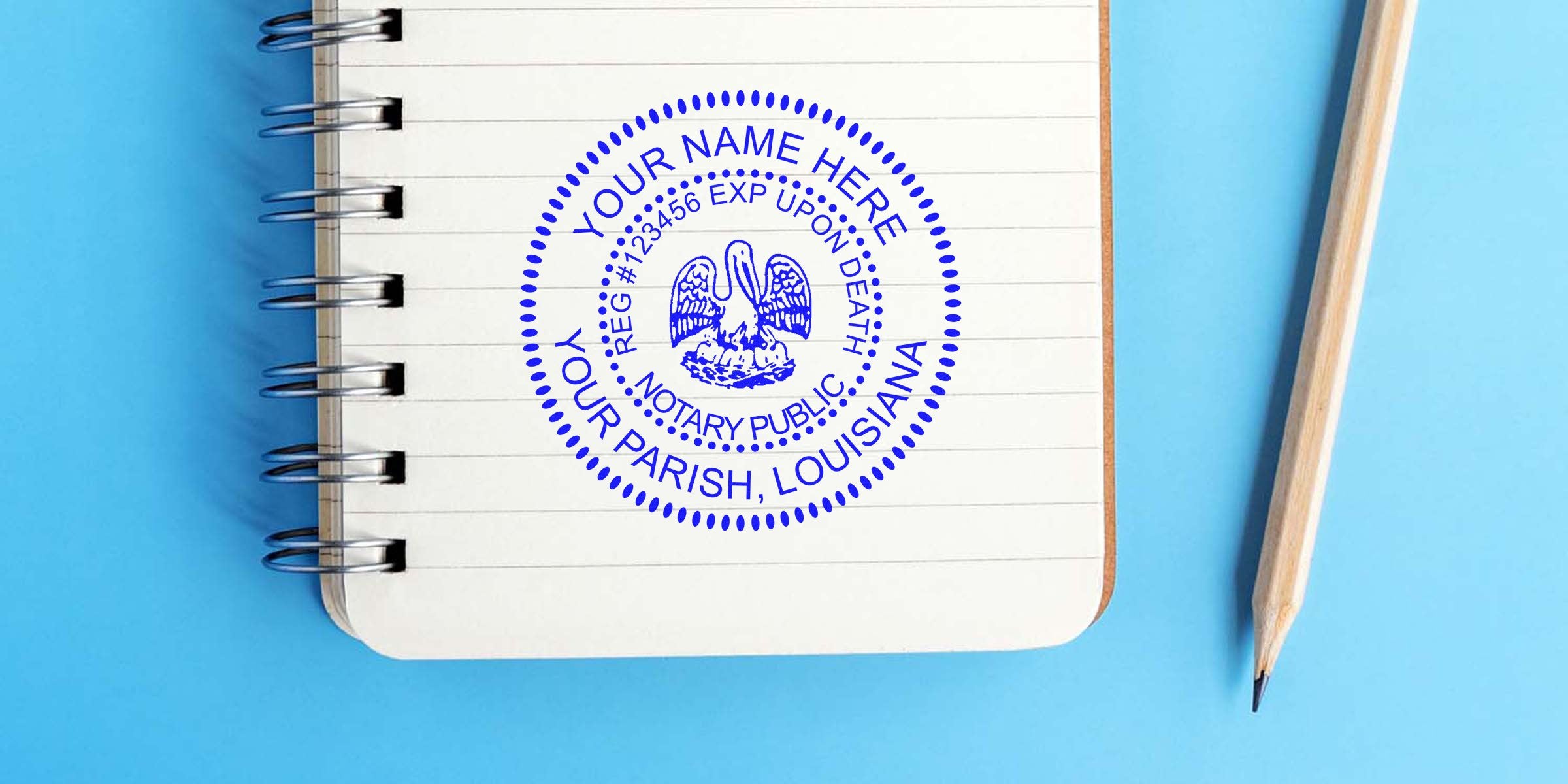 Blue Louisiana notary public seal stamped on lined spiral notebook page next to a wooden pencil, office document and notary stamp concept