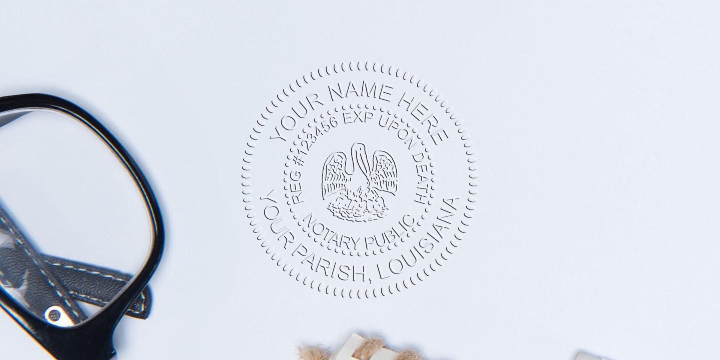 Embossed notary public seal on white paper featuring pelican emblem and placeholder "Your Name Here" text, with black-framed eyeglasses and twine—professional legal document authentication background for notary services.