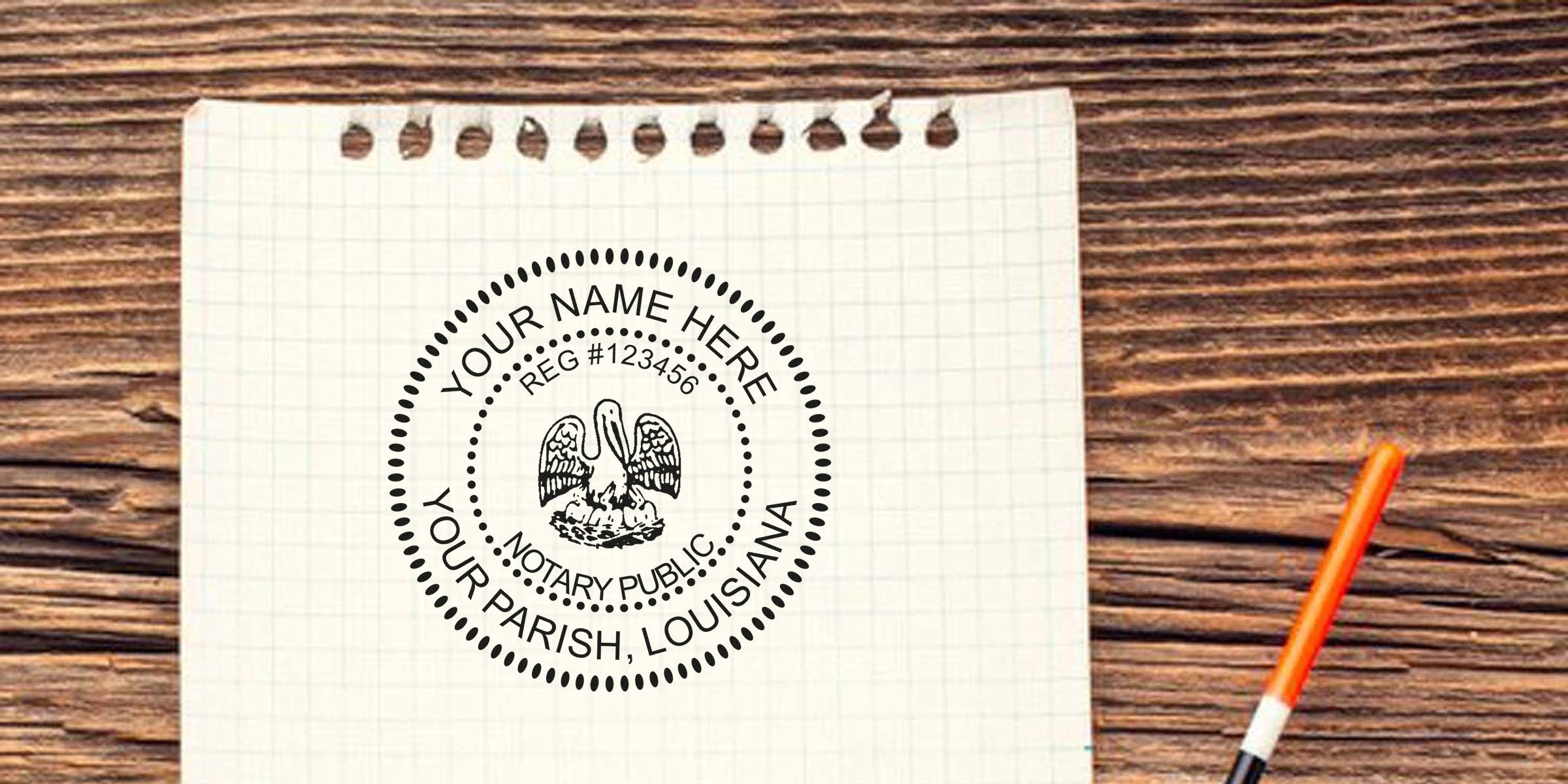 Custom Louisiana notary public seal mockup with pelican emblem on graph paper notebook, blank circular stamp design reading "Your Name Here, Your Parish, Louisiana," orange pen on rustic wooden desk background
