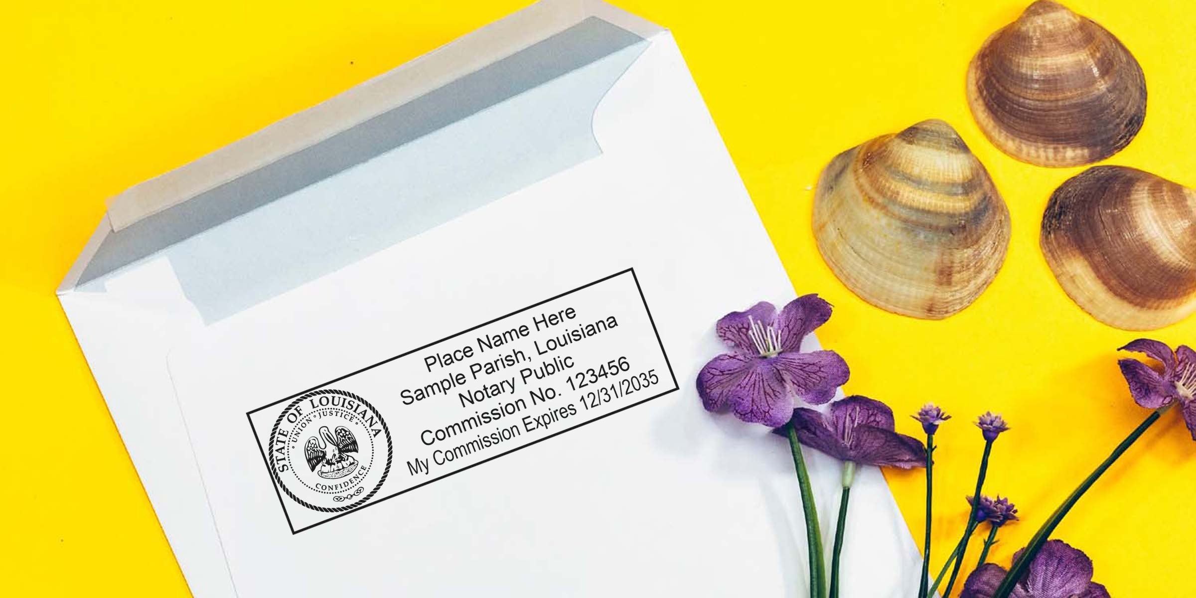White envelope with Louisiana notary public stamp and commission details, purple flowers and seashells on bright yellow background