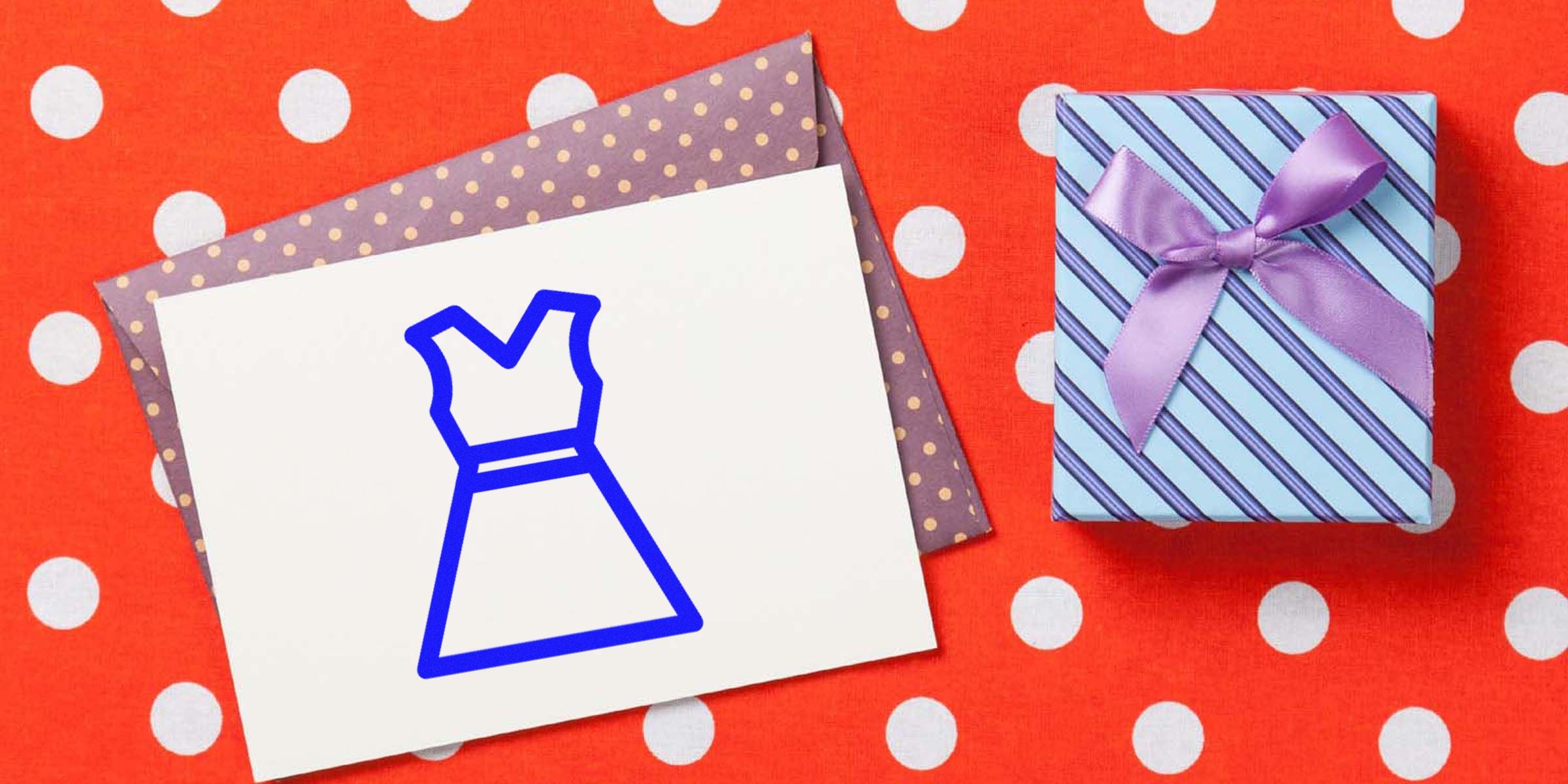 Card with a blue crown outline next to a wrapped gift against a red polka-dot background.