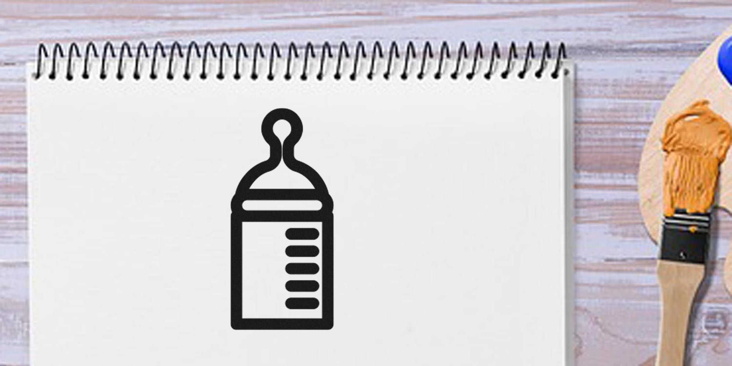 Icon of a baby bottle on a white notebook page.