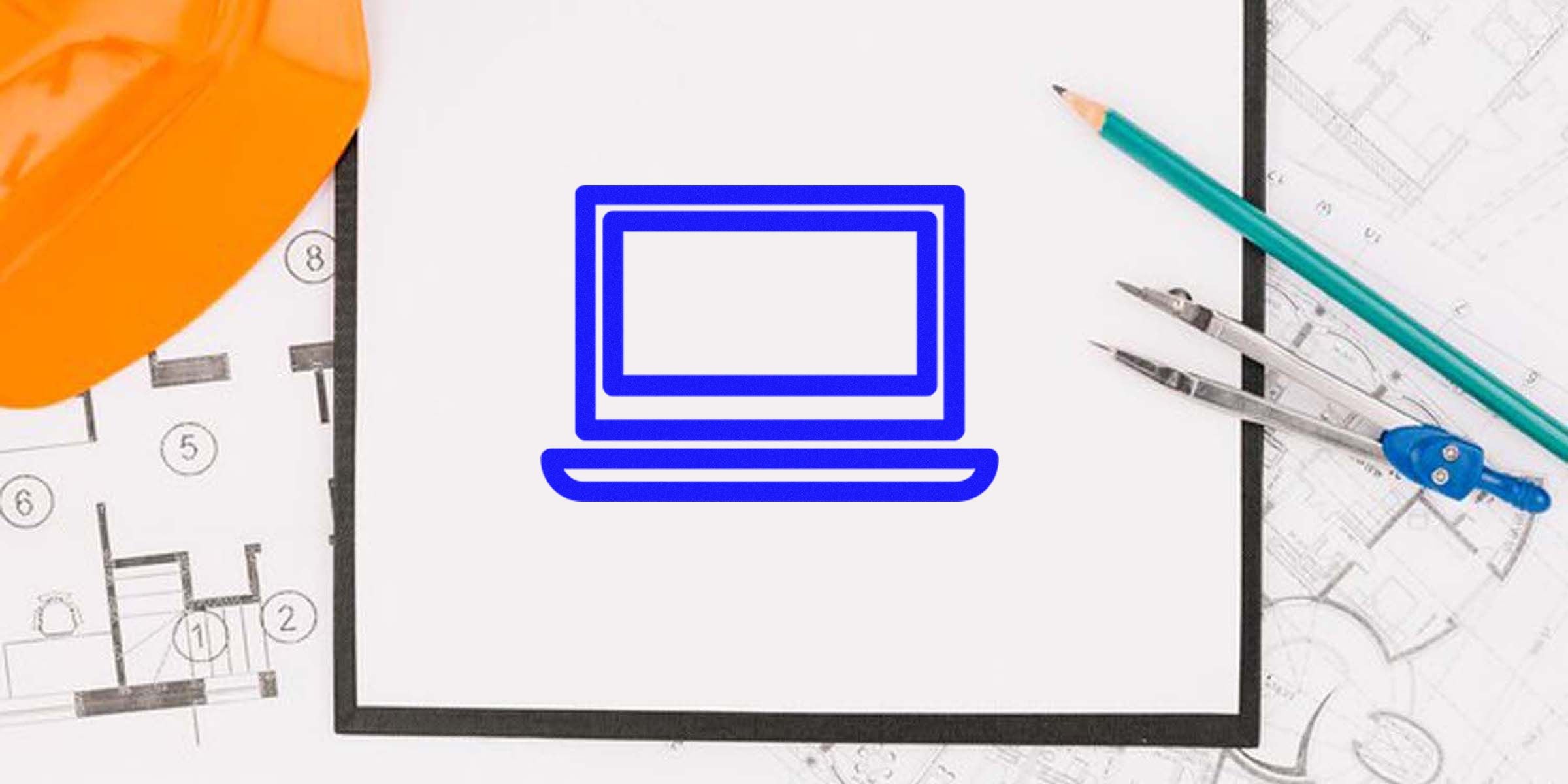 Blue outline laptop icon on a white background, surrounded by drafting tools and plans.