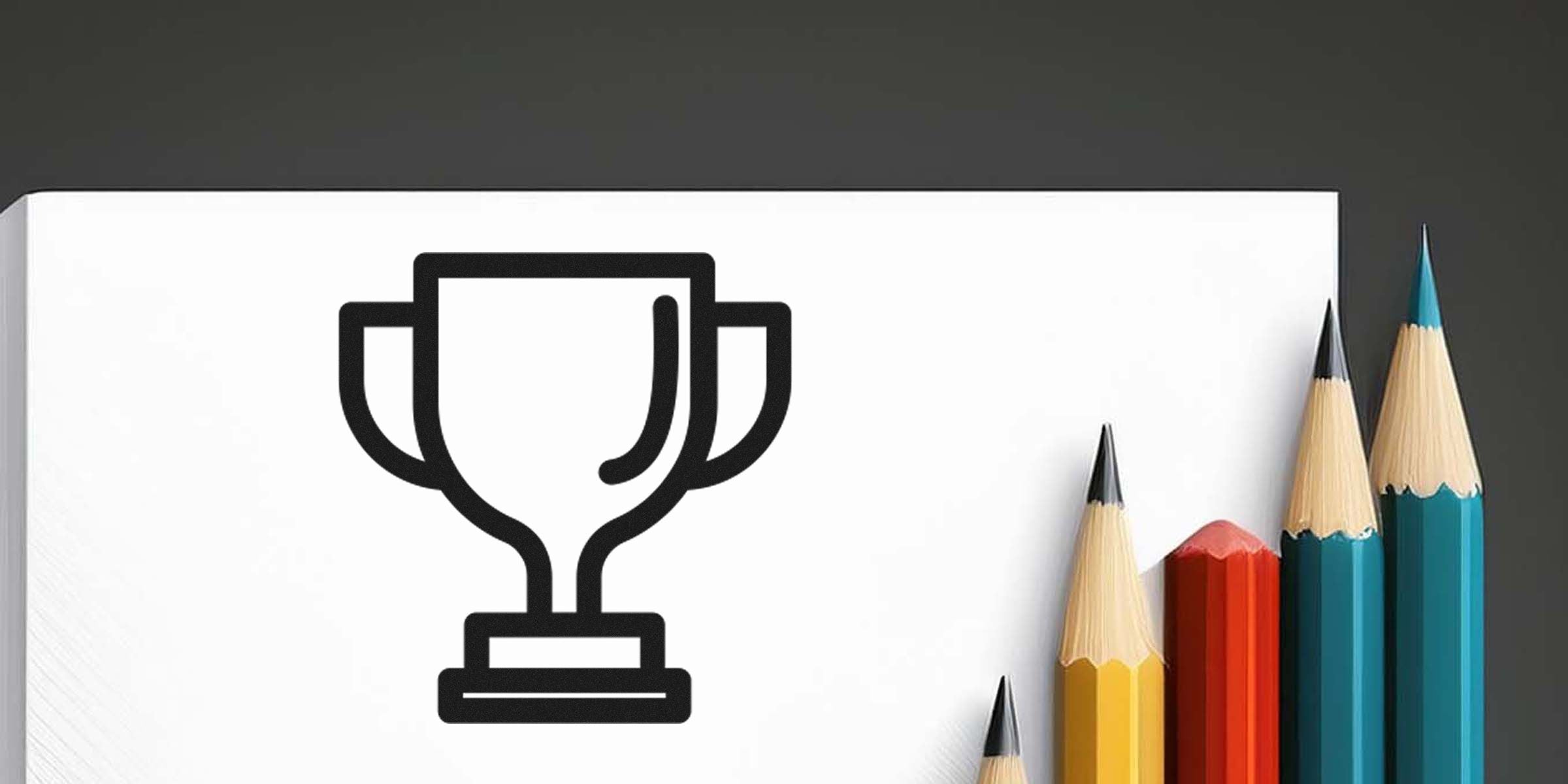 Trophy icon on a white page with colored pencils along the right edge.