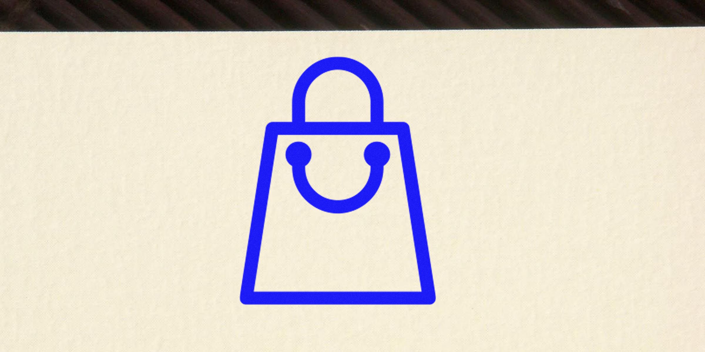 Blue outline shopping bag icon on a beige textured background.
