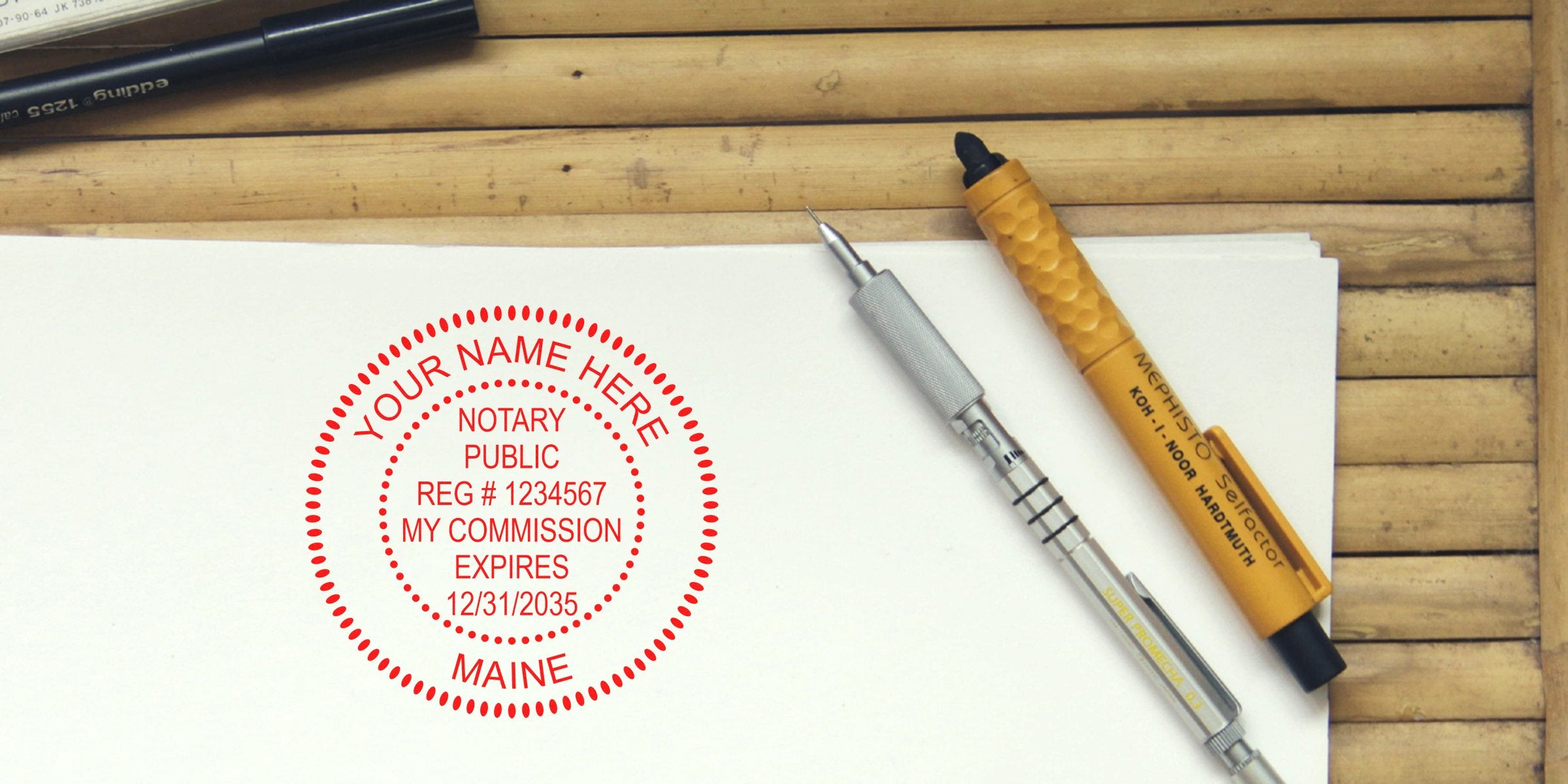 Red circular notary stamp mockup reading "Notary Public, Reg #1234567, My Commission Expires 12/31/2035, Maine" on white paper with pencil and yellow pen on wood surface.