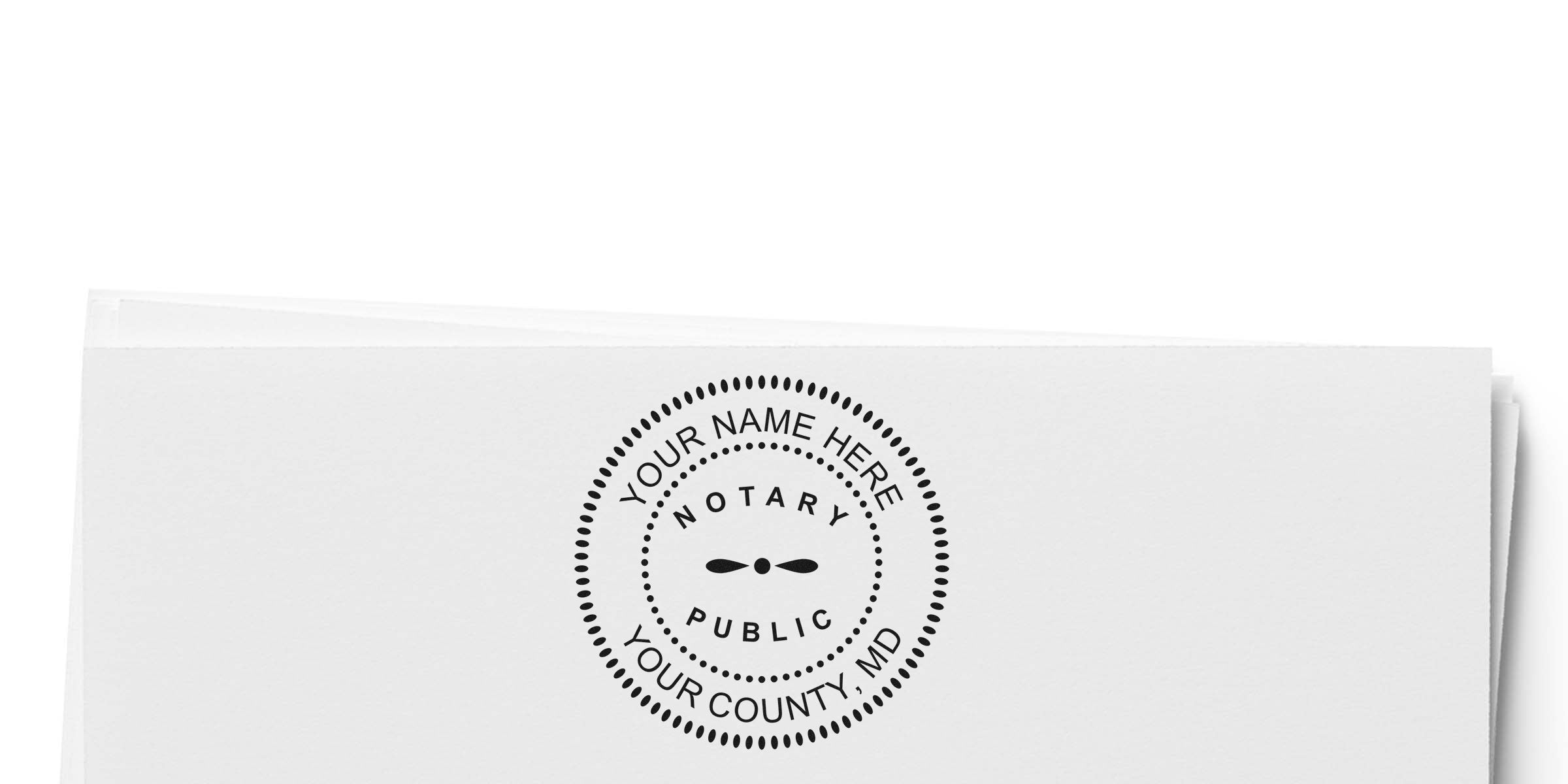 Black circular notary public stamp mockup on white folded paper, customizable "Your Name Here" and "Your County, MD" text, dotted concentric borders and minimalist seal design for notary, legal, or business branding.