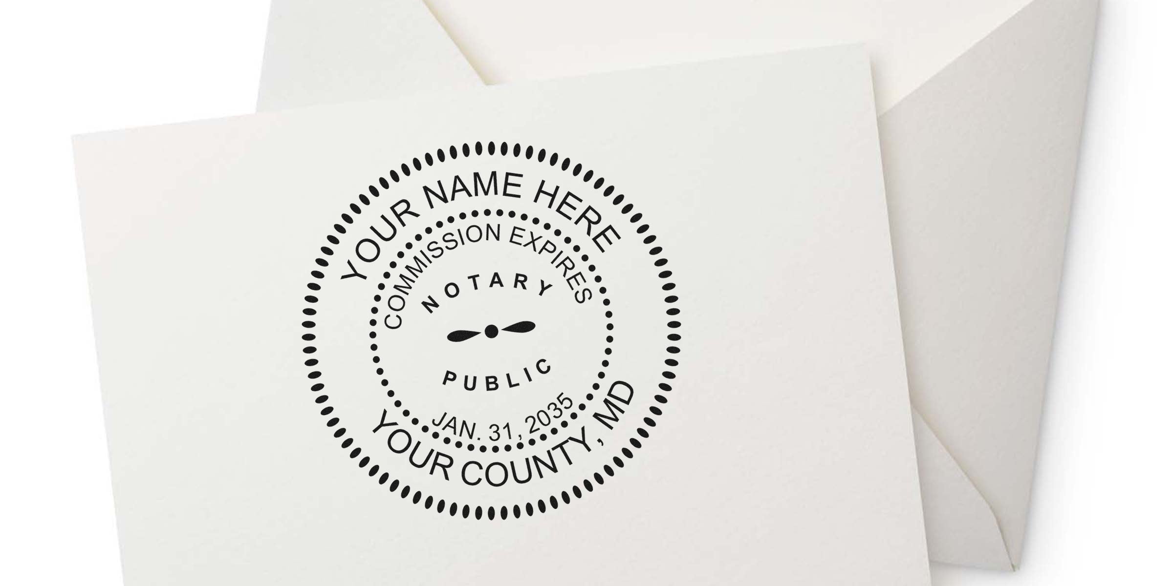 Black circular notary public stamp mockup on cream stationery with an envelope, featuring placeholder text "Your Name Here," county and date details — notary seal design for legal documents, business stationery, and branding.