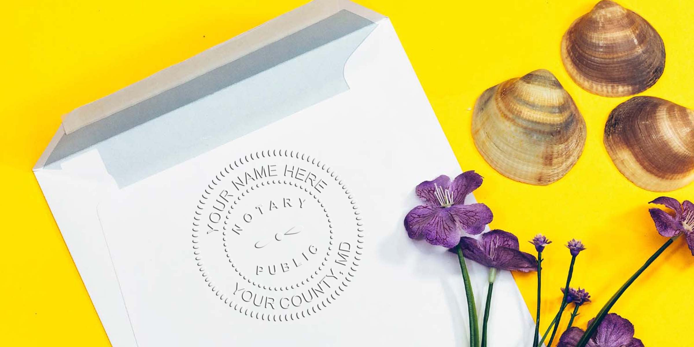 White envelope with embossed notary public seal, purple flowers and three seashells arranged on a vibrant yellow background