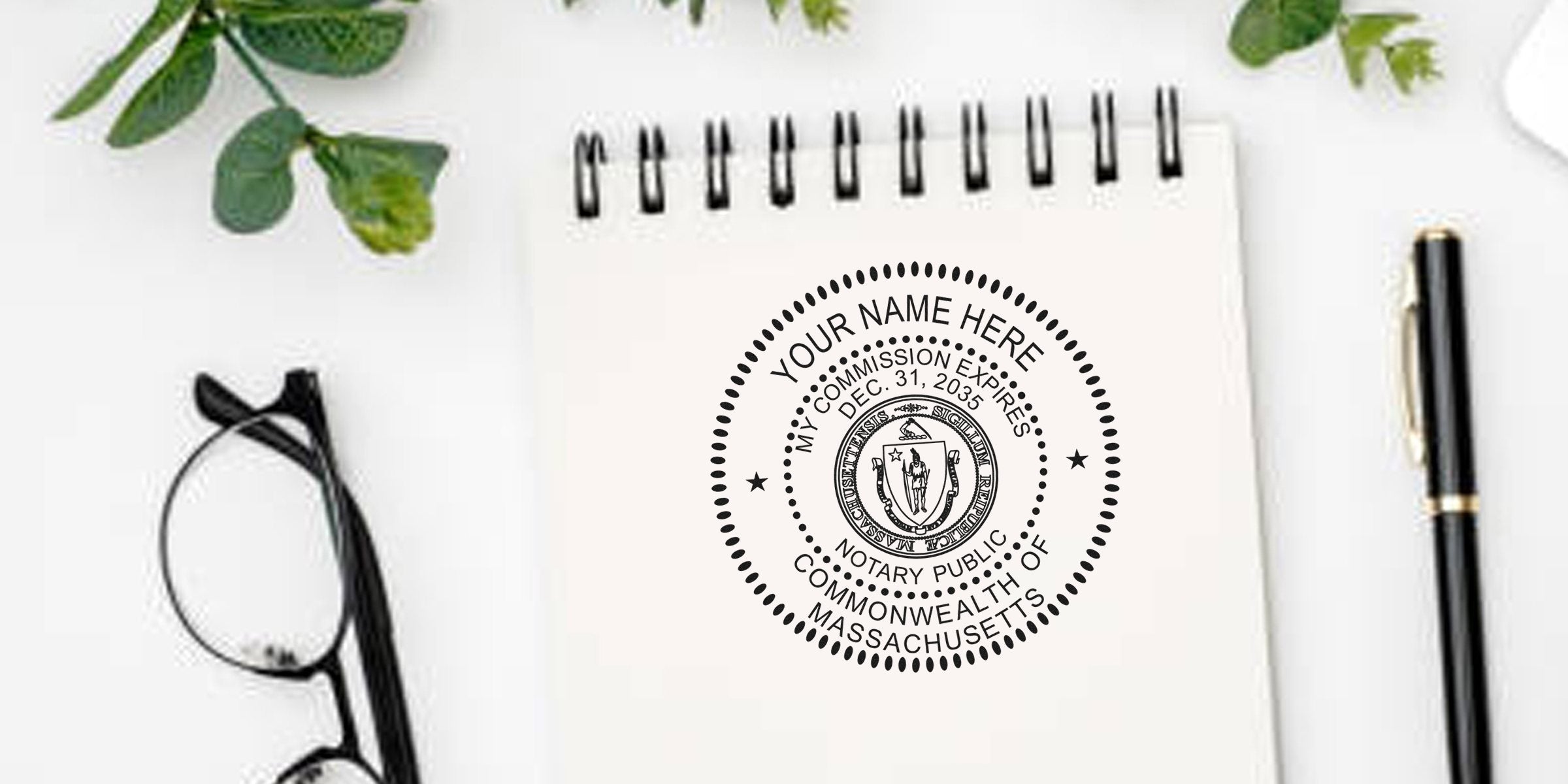 Spiral notebook with a round Massachusetts notary public seal stamp mockup, black fountain pen, eyeglasses and green plant on white desk — office stationery, notary seal mockup for legal documents and branding