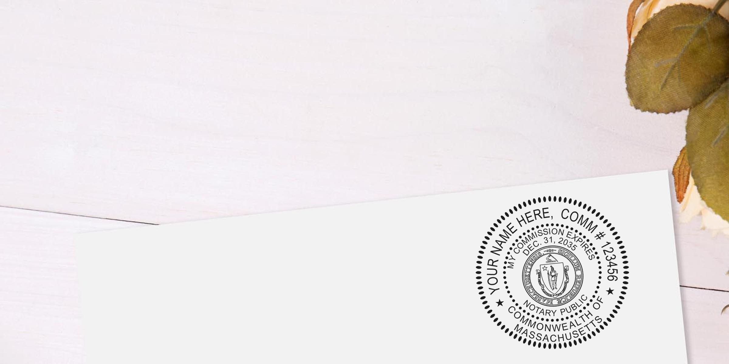 Envelope corner with a round Massachusetts notary public seal stamp on white paper, placed on light wooden surface with dried rose leaves—notary seal mockup for legal documents.
