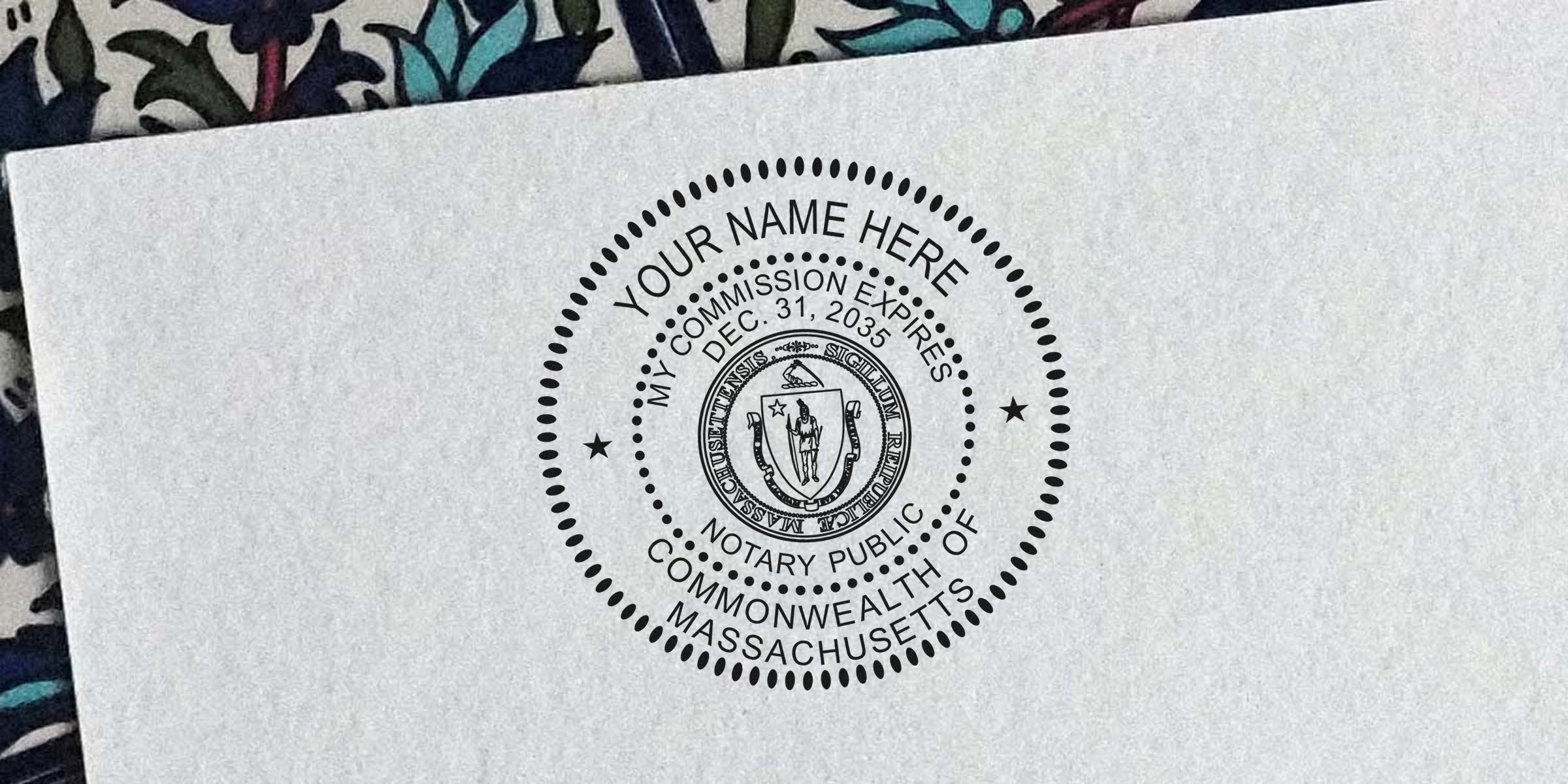 Circular Massachusetts notary public seal mockup with placeholder "Your Name Here," dotted border, state emblem in center and text "Commonwealth of Massachusetts" with commission expiration date Dec. 31, 2035 — custom notary stamp design.