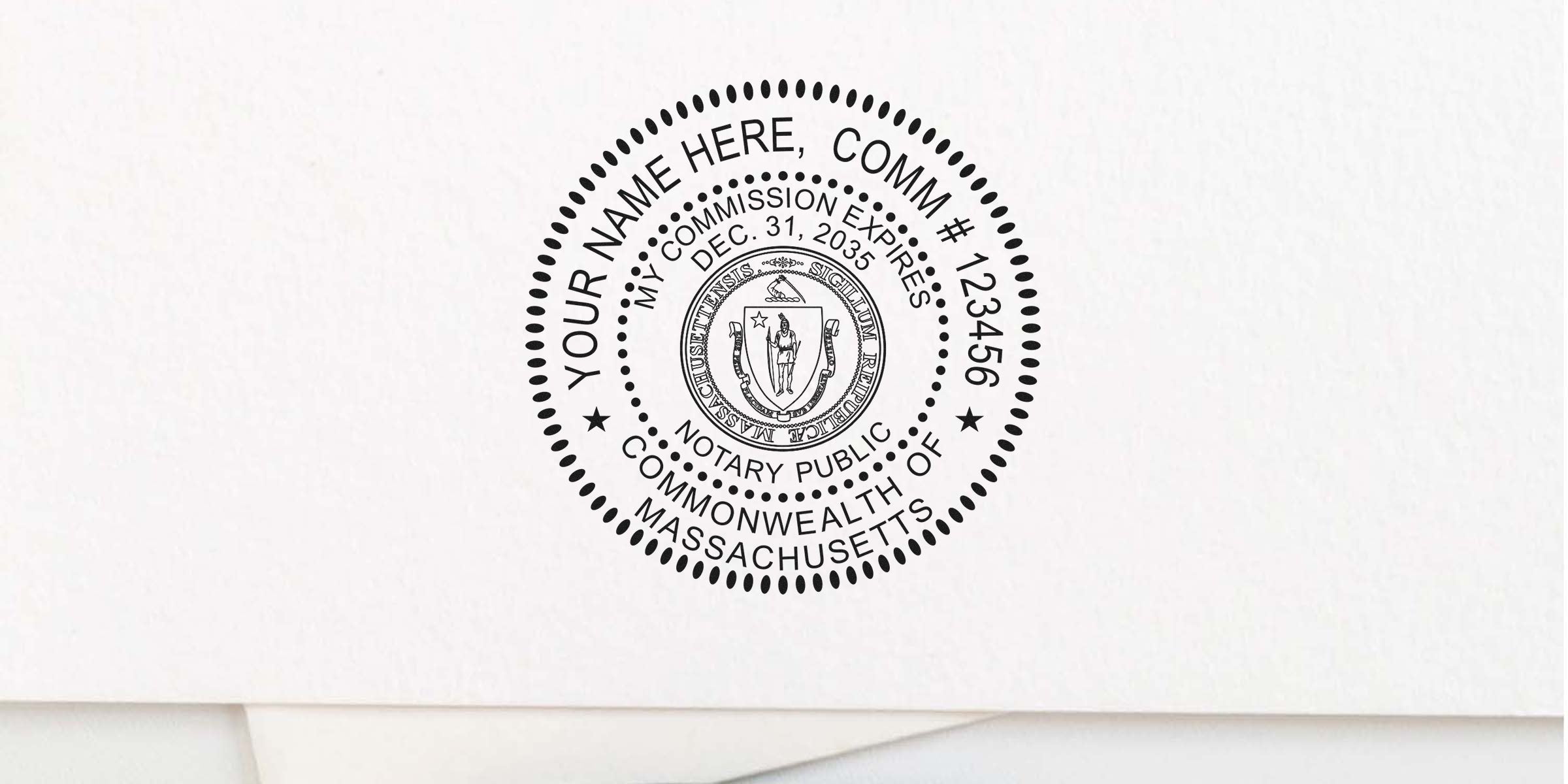 Black circular Massachusetts notary public seal on white paper, customizable with name and commission number, featuring state coat of arms and text "Commission Expires Dec. 31, 2035."