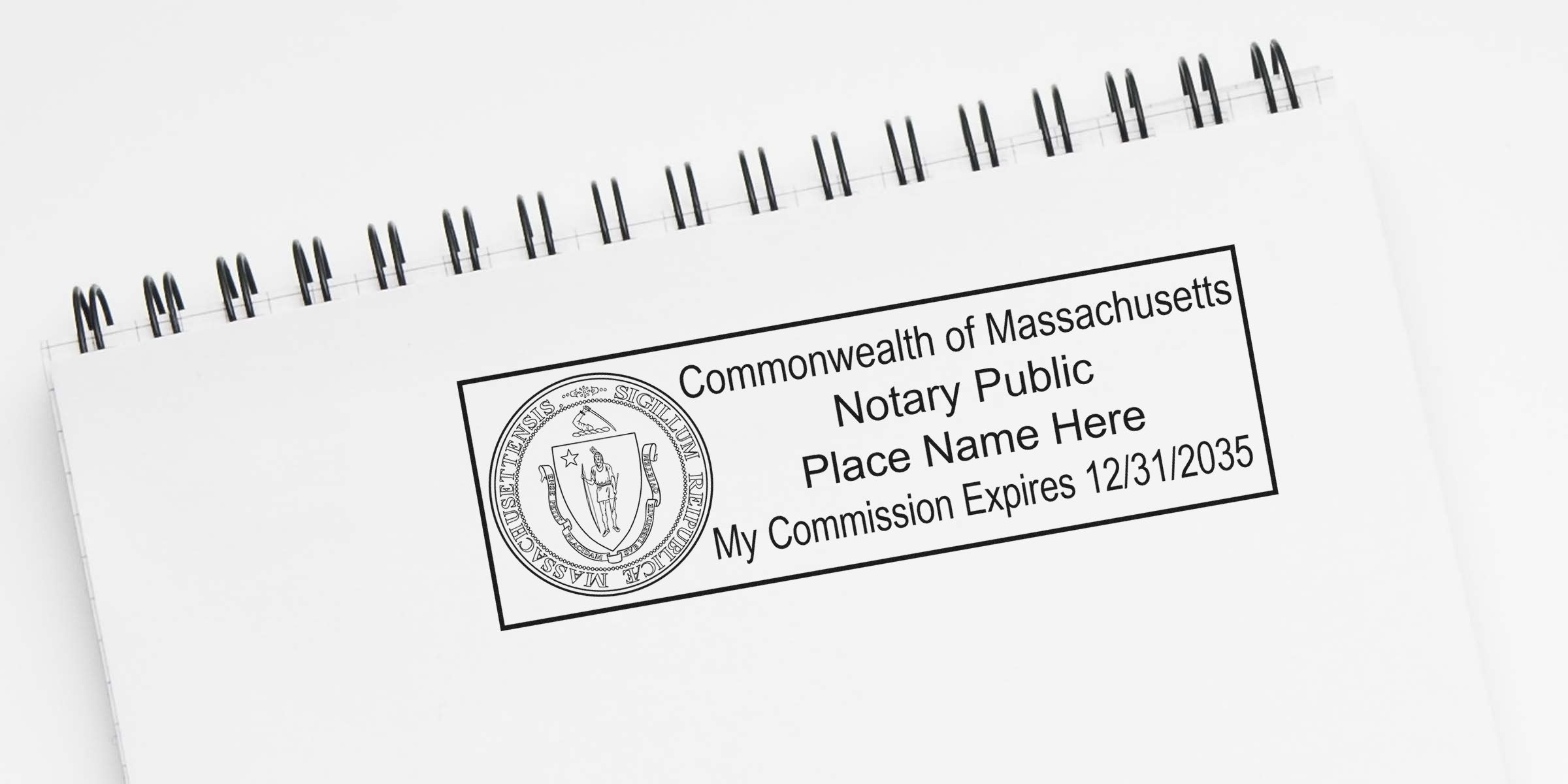 Black-and-white Massachusetts notary public stamp mockup on spiral notebook page showing state seal, placeholder name text and commission expiration date (12/31/2035) — notary stamp, MA notary seal, official notary impression