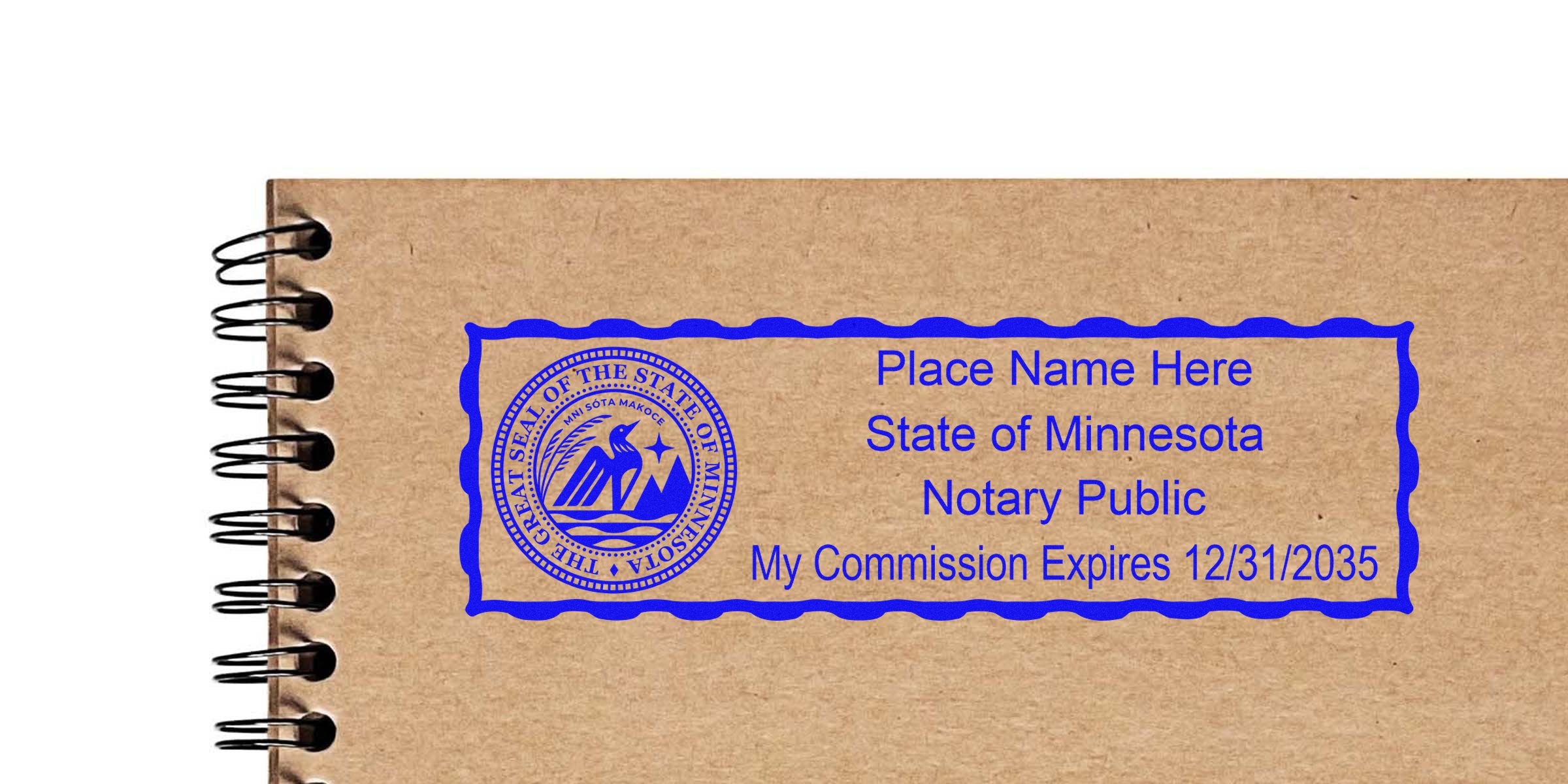 Brown kraft spiral notebook cover with a blue Minnesota notary public rubber stamp impression showing the state seal, placeholder name text and commission expiration date inside a wavy rectangular border.