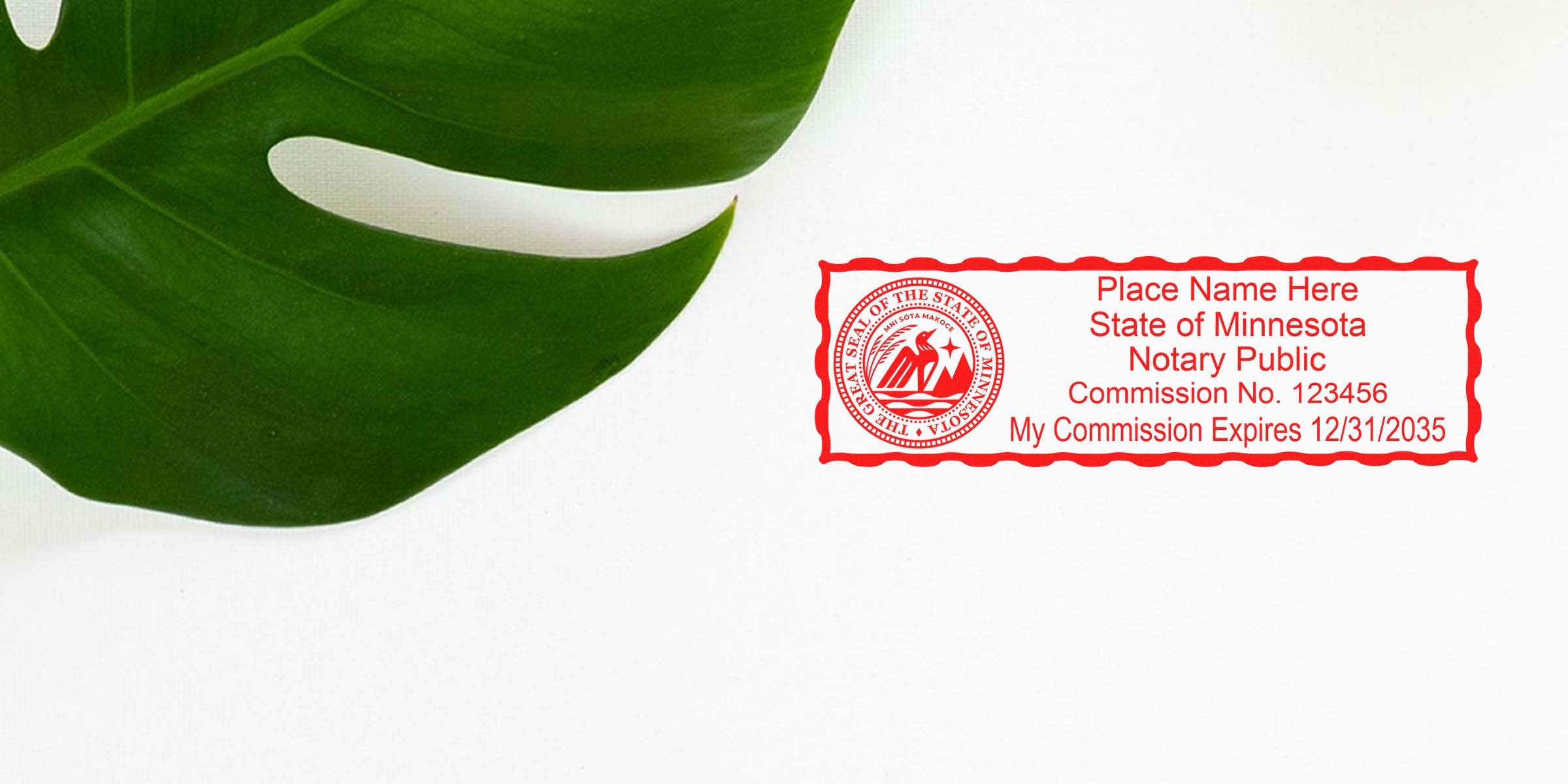 Flat lay of a large green monstera leaf beside a red Minnesota notary public stamp mockup on white background, ideal for notary or office branding.