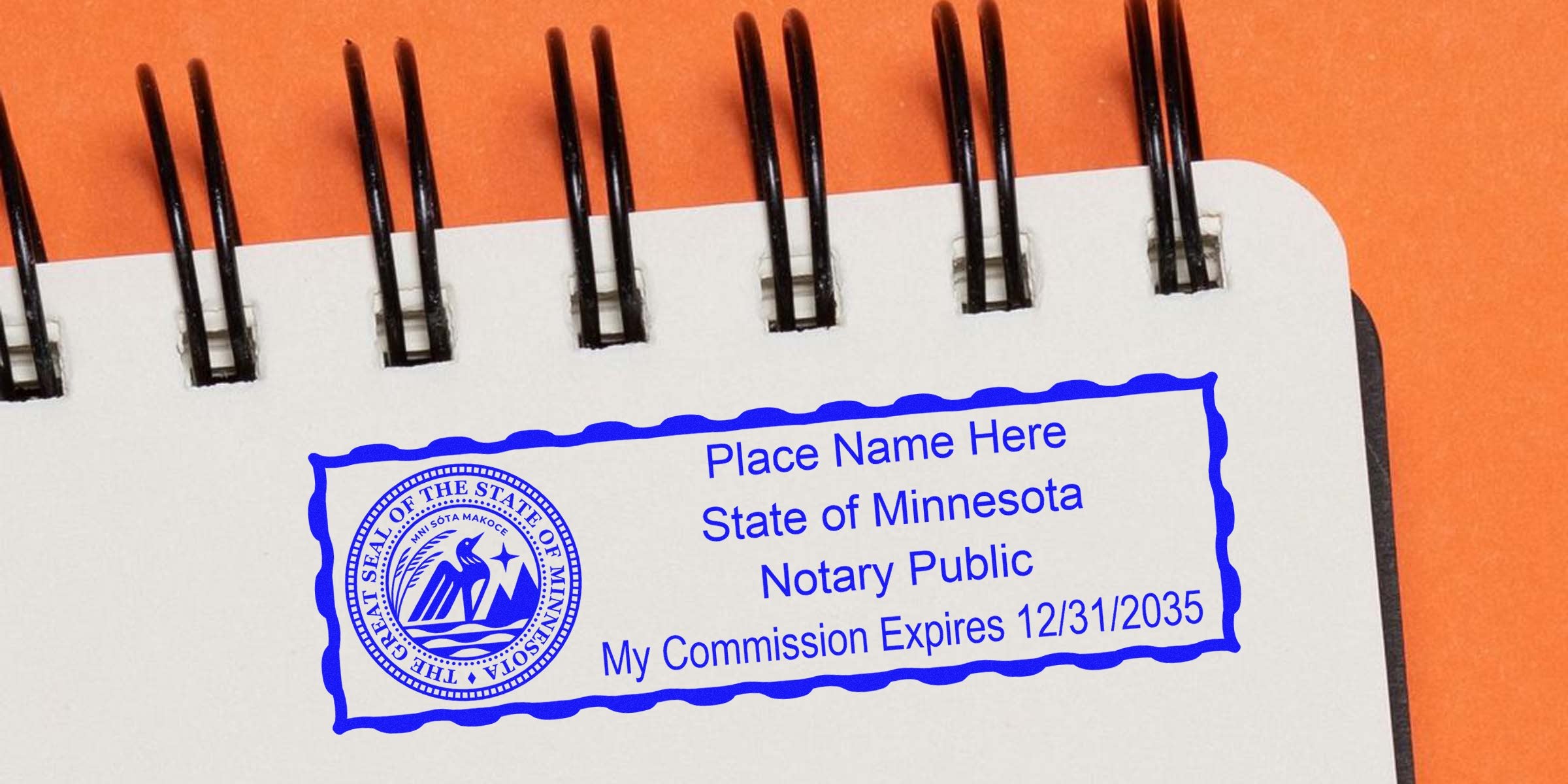 Blue Minnesota notary public stamp on spiral notebook page showing state seal, placeholder name, commission expiration date 12/31/2035, blue wavy border and orange background