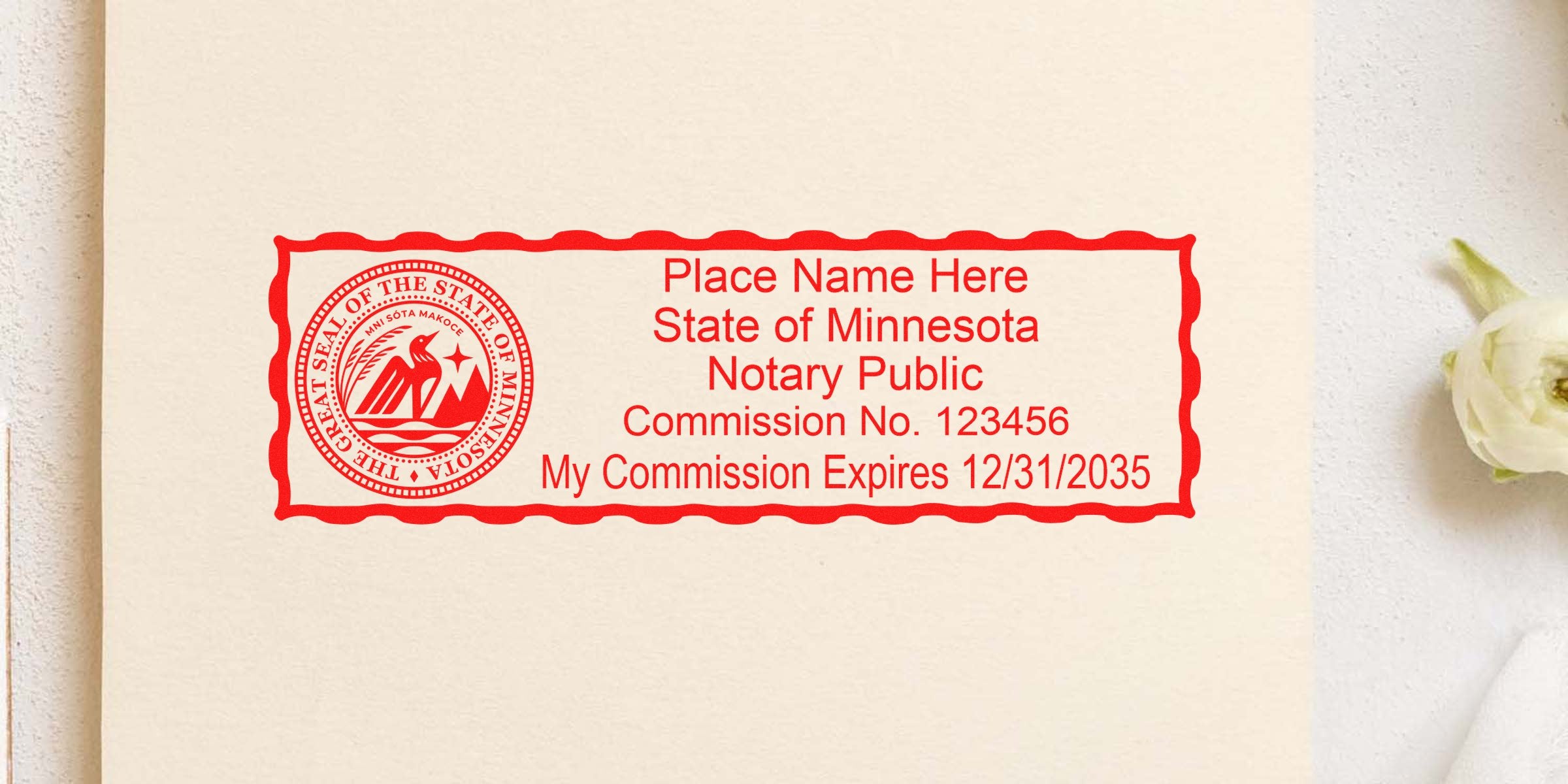 Red Minnesota notary public stamp mockup with state seal at left, scalloped rectangular border, sample commission No. 123456 and expiration 12/31/2035.