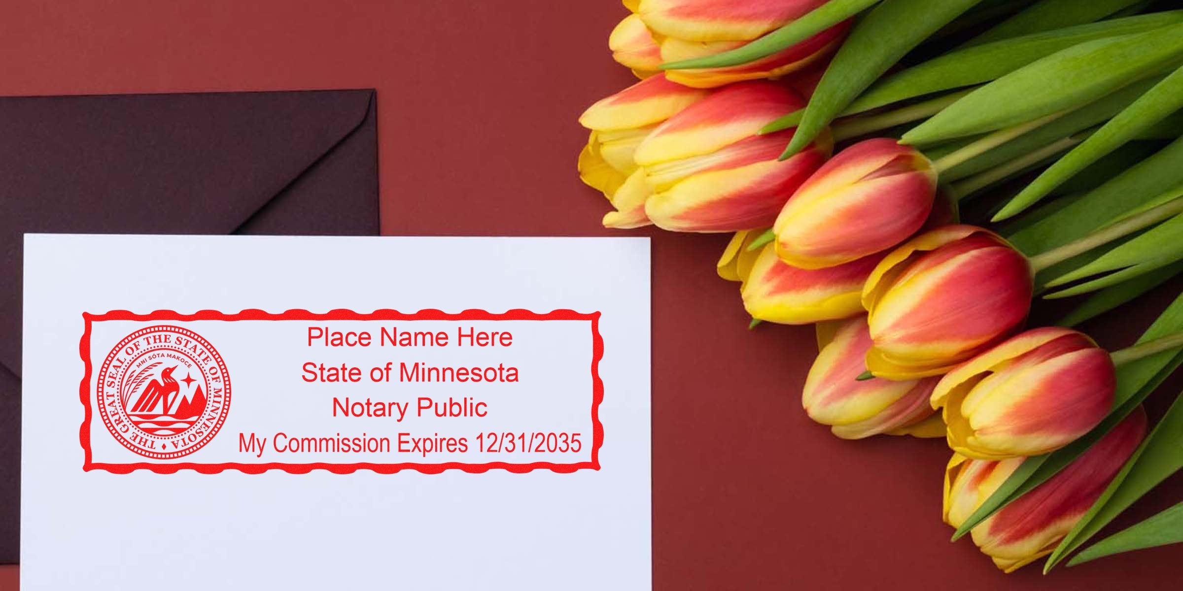 Red Minnesota notary stamp mockup on white paper with official seal and customizable text, placed next to dark envelope and yellow-red tulips on maroon background
