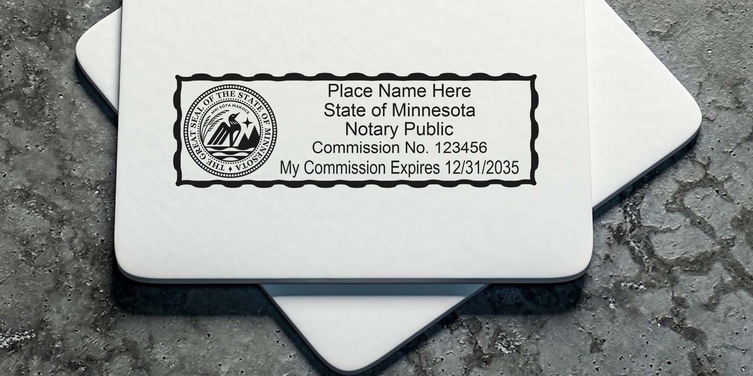 Sample Minnesota notary stamp imprint with state seal, placeholder name, commission number and expiration date printed on a white card over a concrete surface