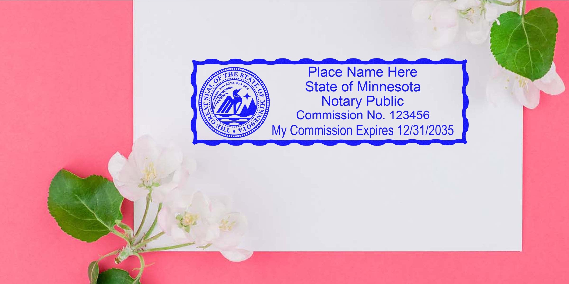 Blue Minnesota notary public stamp mockup on white envelope showing state seal, placeholder name, commission number and expiration date, white apple blossoms and green leaves on pink background