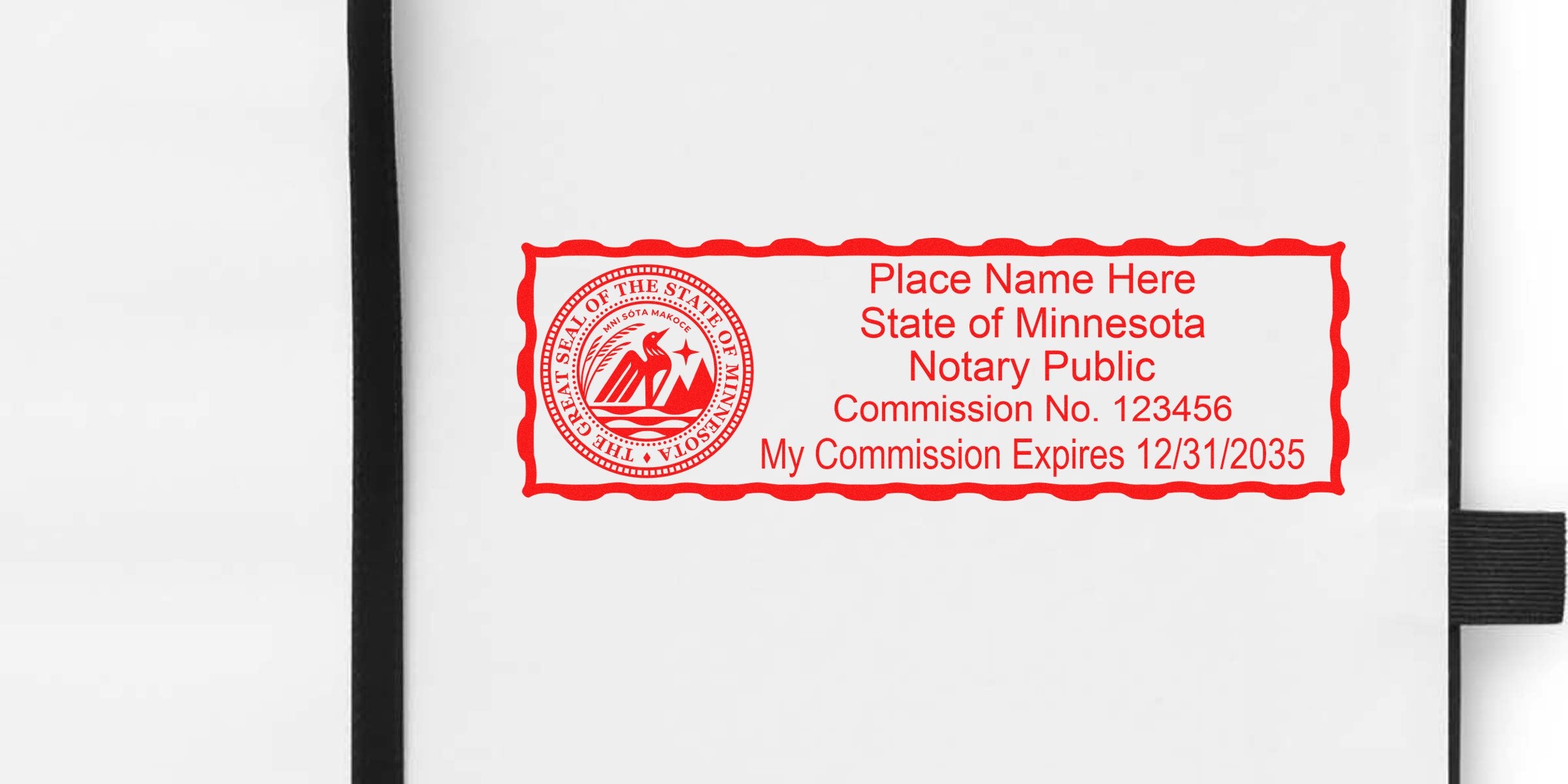 Red rectangular Minnesota notary public stamp with state seal, sample name, commission No. 123456 and commission expiration 12/31/2035.