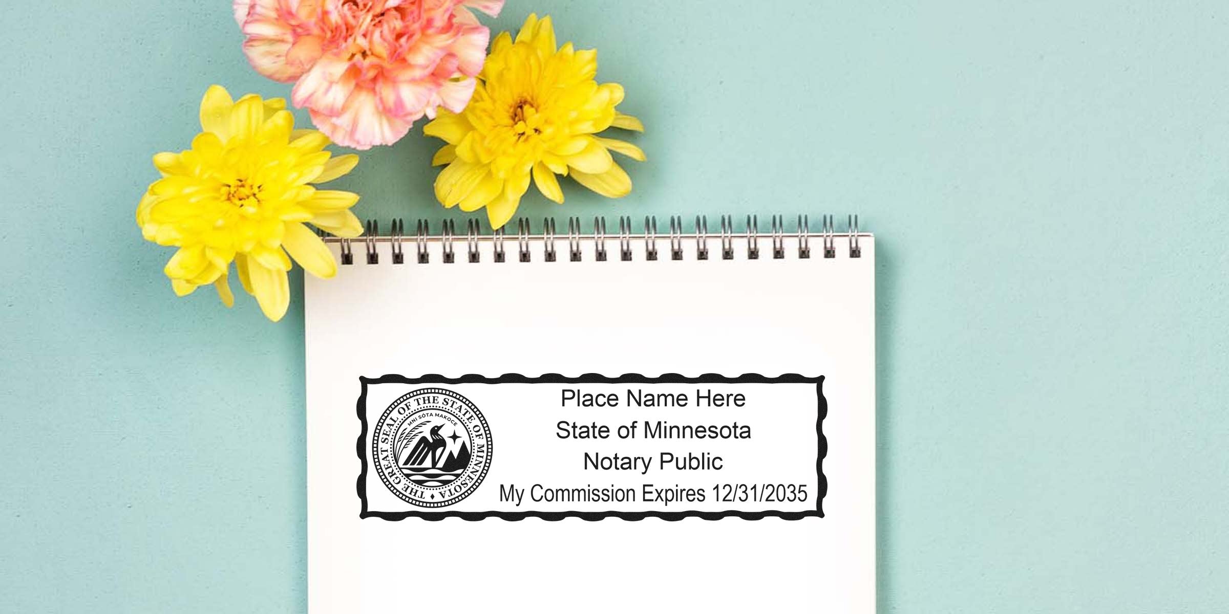 Blank Minnesota notary stamp mockup on spiral notebook page with placeholder name and commission expiration date, styled with yellow and pink flowers on teal background