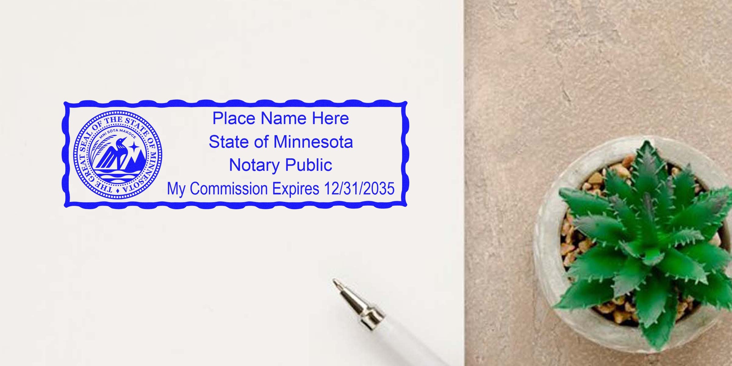 Blue Minnesota notary public rubber stamp sample with state seal and placeholder name and commission expiration date on white paper, shown next to a pen and a small potted succulent.