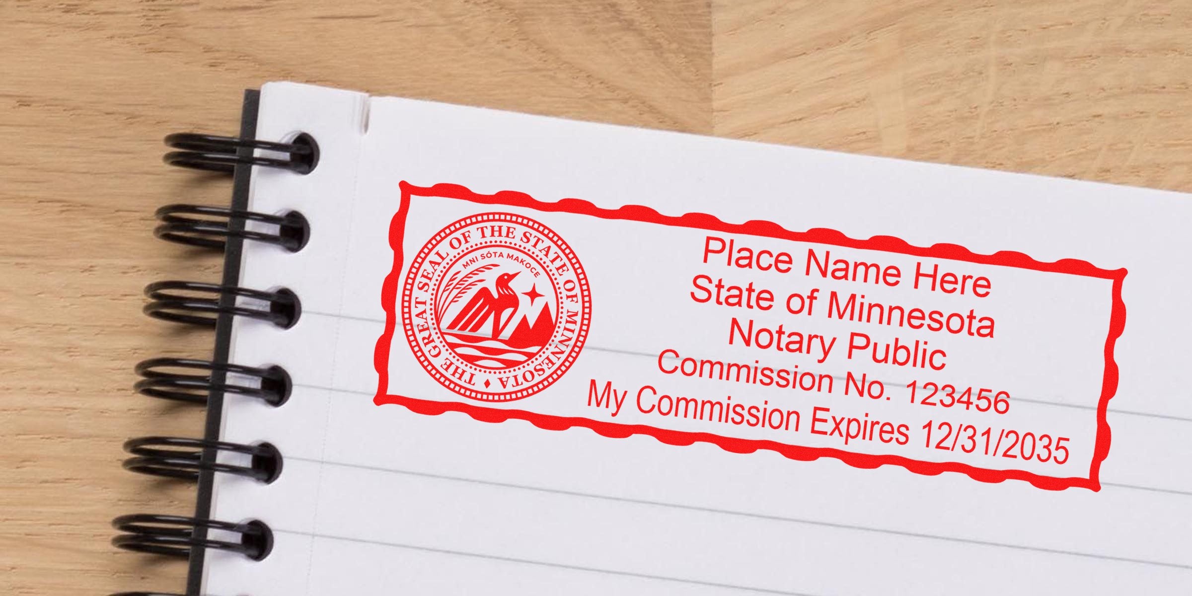 Red notary stamp in red ink on lined spiral notebook page reading "State of Minnesota Notary Public" with circular state seal, commission number placeholder and expiration date.
