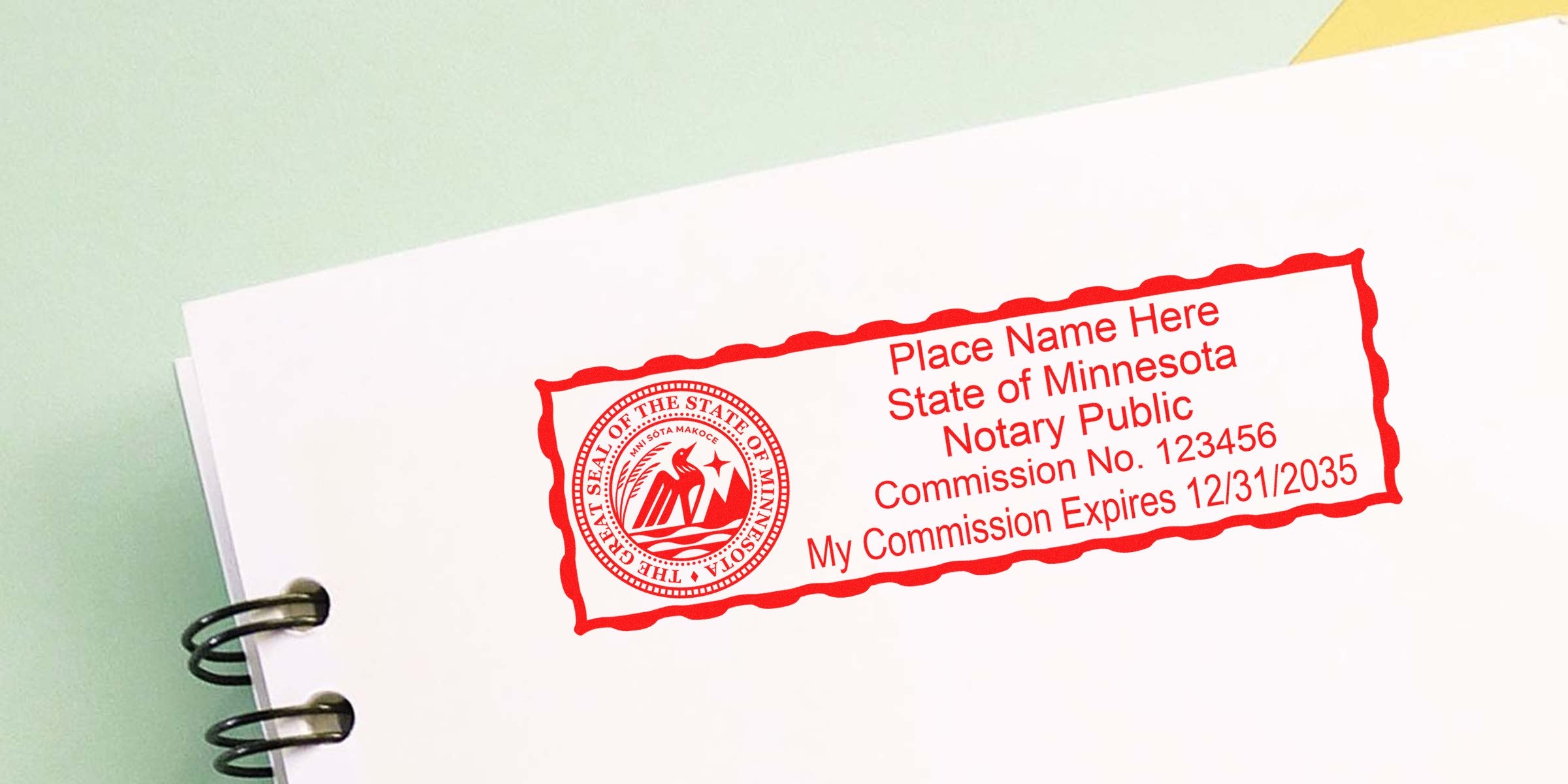 Red notary public stamp in red ink on white spiral-bound paper showing Minnesota state seal, placeholder name, commission number and expiration date.