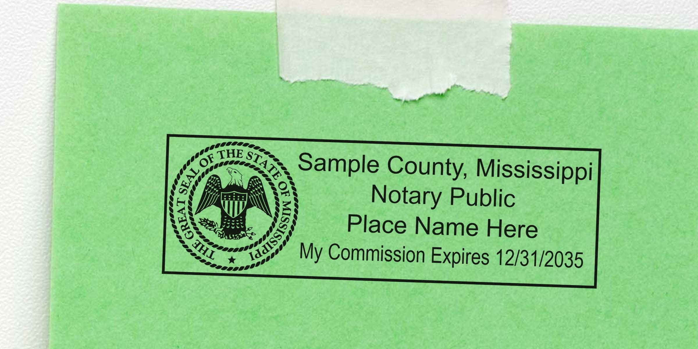 Green folder with a black ink notary public stamp: Great Seal of the State of Mississippi, "Sample County, Mississippi Notary Public," placeholder name and commission expiration 12/31/2035.
