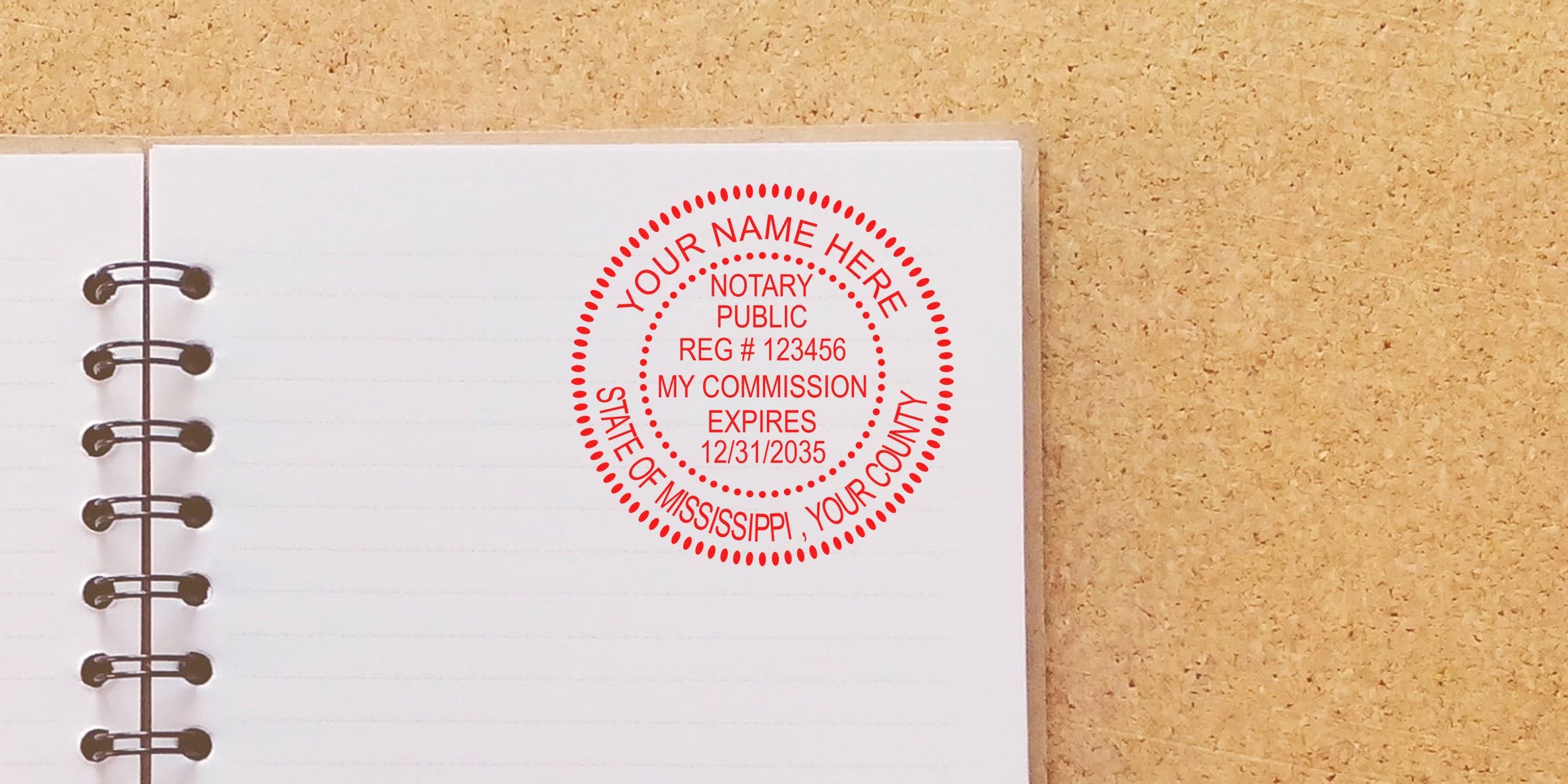 Open spiral notebook on corkboard with red circular notary public stamp reading "YOUR NAME HERE", registration number, commission expiration date, and "State of Mississippi, Your County"