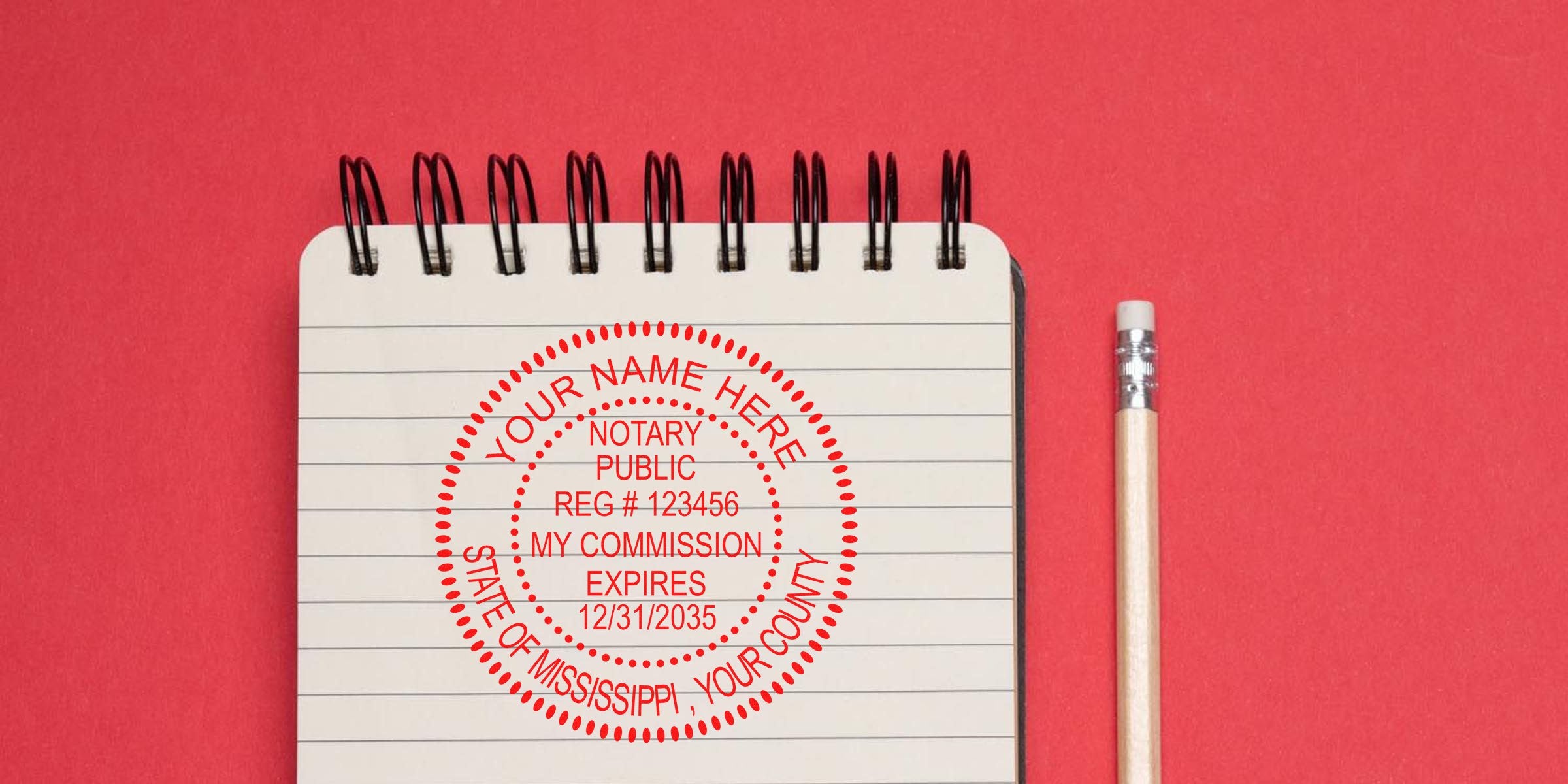 Spiral lined notebook with red notary public stamp mockup reading "Your Name Here, Notary Public, Reg #123456, My Commission Expires 12/31/2035, State of Mississippi" and a wooden pencil on a red background
