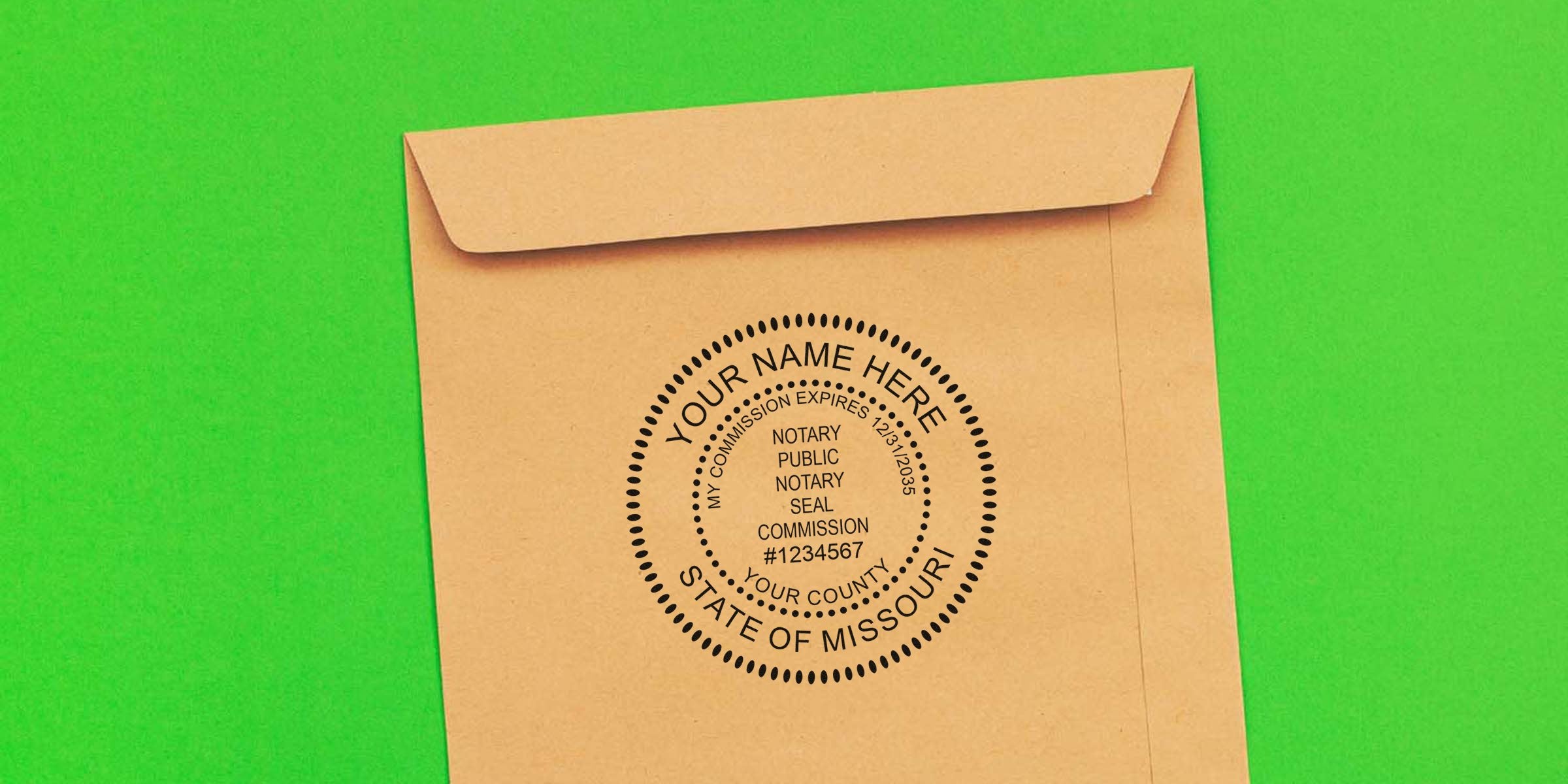 Kraft brown envelope on bright green background featuring a black circular notary seal mockup reading "Your Name Here," "State of Missouri," commission number and county — notary stamp mockup on envelope for legal documents
