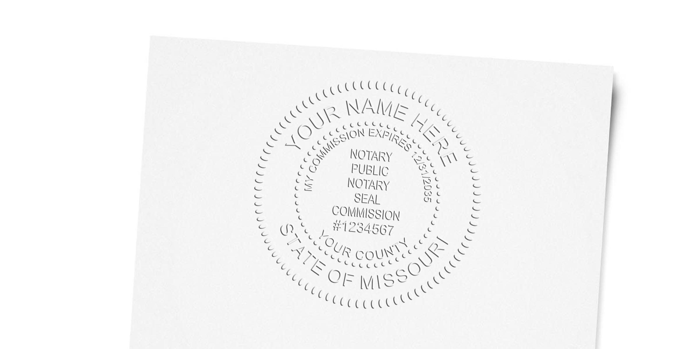Embossed circular notary seal on white paper reading "Your Name Here," "State of Missouri," commission number and expiration — clean notary public embossing mockup for stationery or certificate use