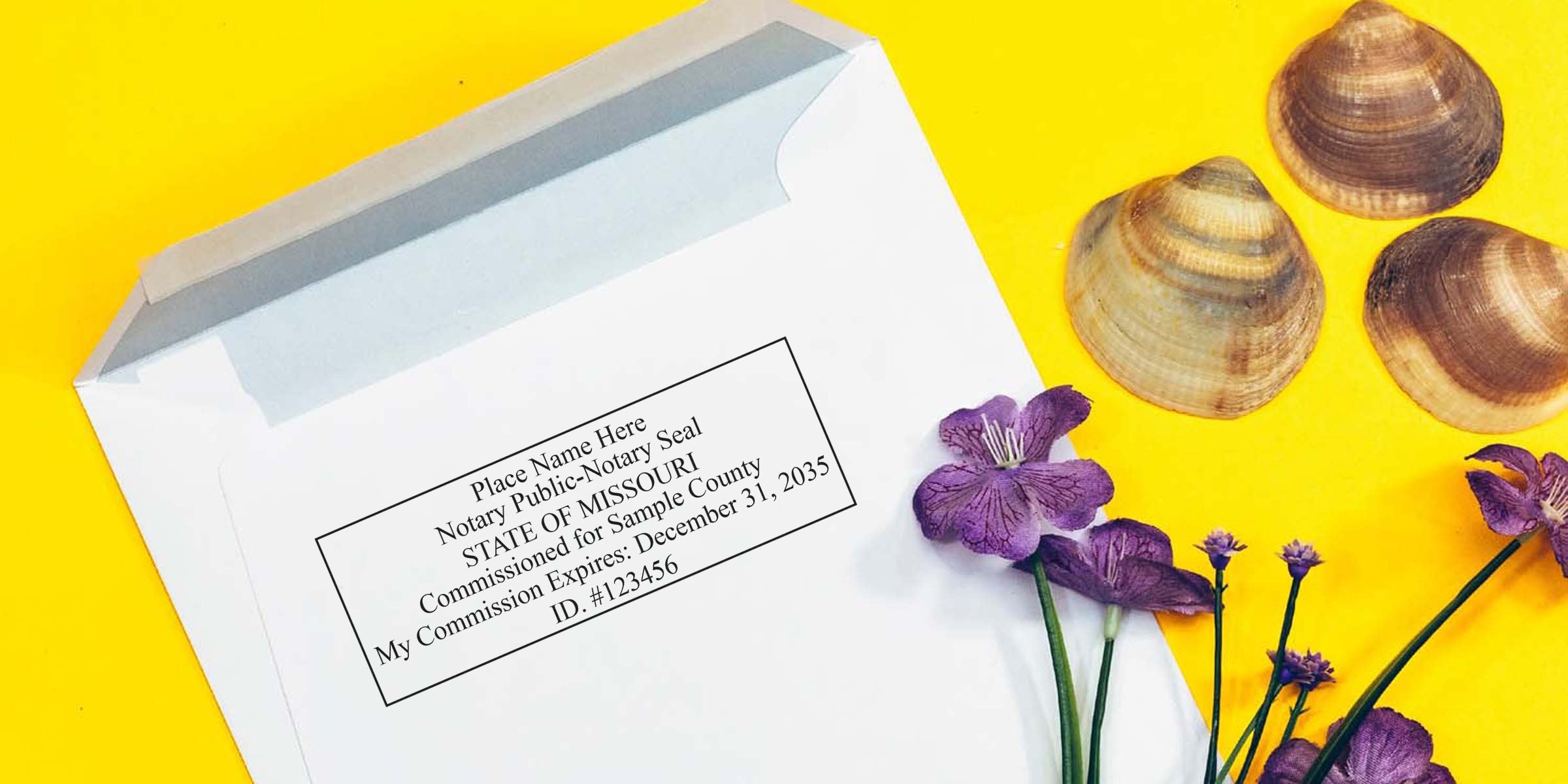 White envelope with printed notary seal, purple flowers and seashells on bright yellow background — notary envelope, seal, stationery image