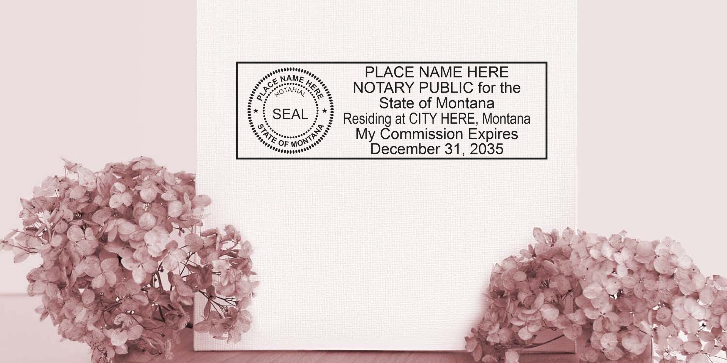 Montana notary public stamp mockup on textured white board with placeholder name, circular SEAL emblem and commission expiration date, styled with pink hydrangea flowers — printable notary seal template for stationery, branding, legal documents
