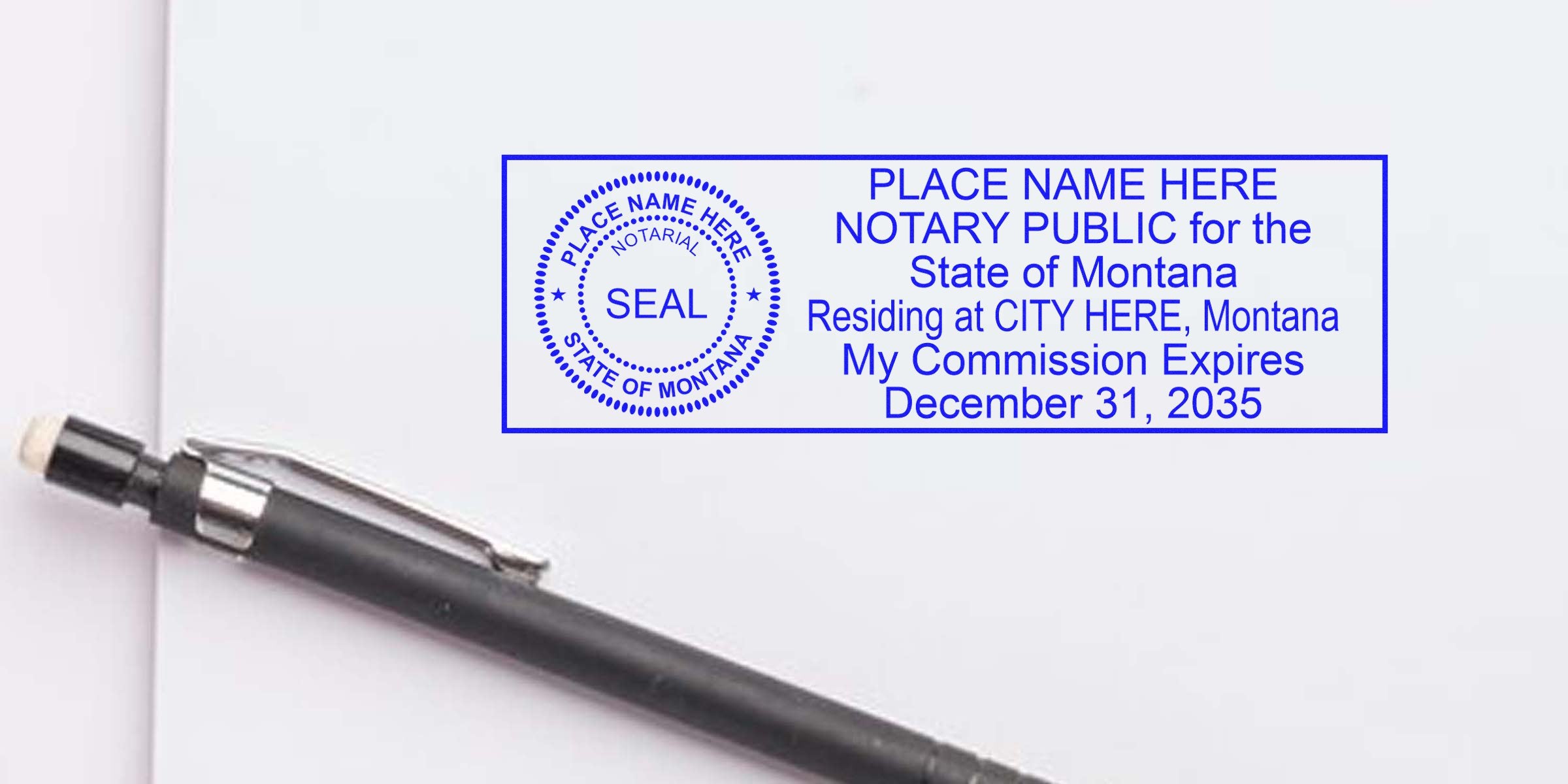 Blue Montana notary public stamp with circular seal on white paper beside a black pen, sample notary stamp template showing commission expiration date