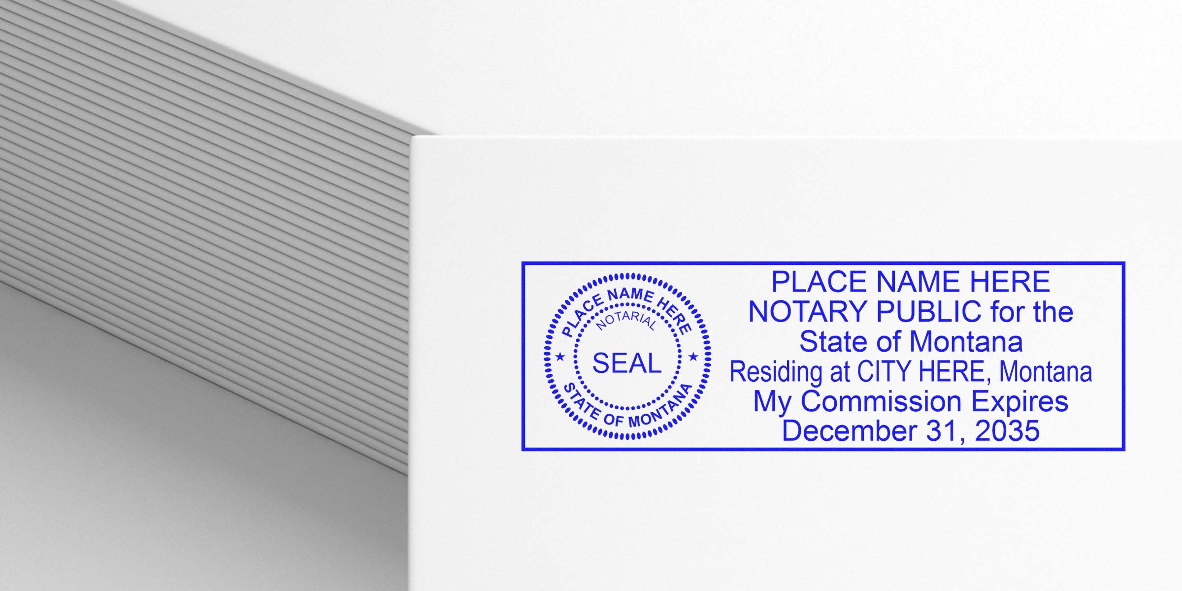 Blue rectangular Montana notary public stamp mockup on white paper showing circular seal, placeholder name, city, and commission expiration date December 31, 2035