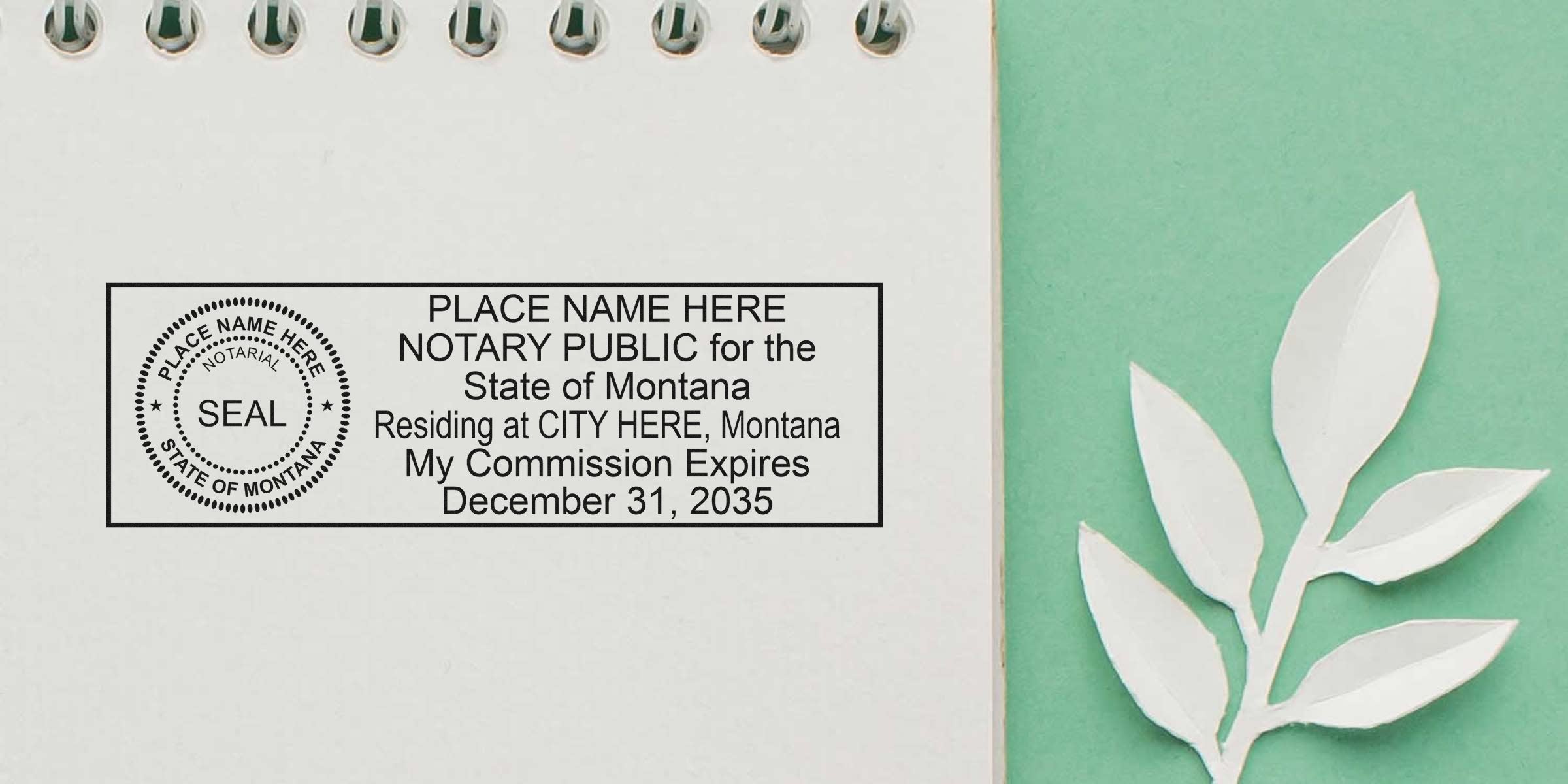 Mockup of a Montana notary public stamp and seal template printed on a spiral notebook page beside a white paper leaf on a mint green background, notary seal sample.