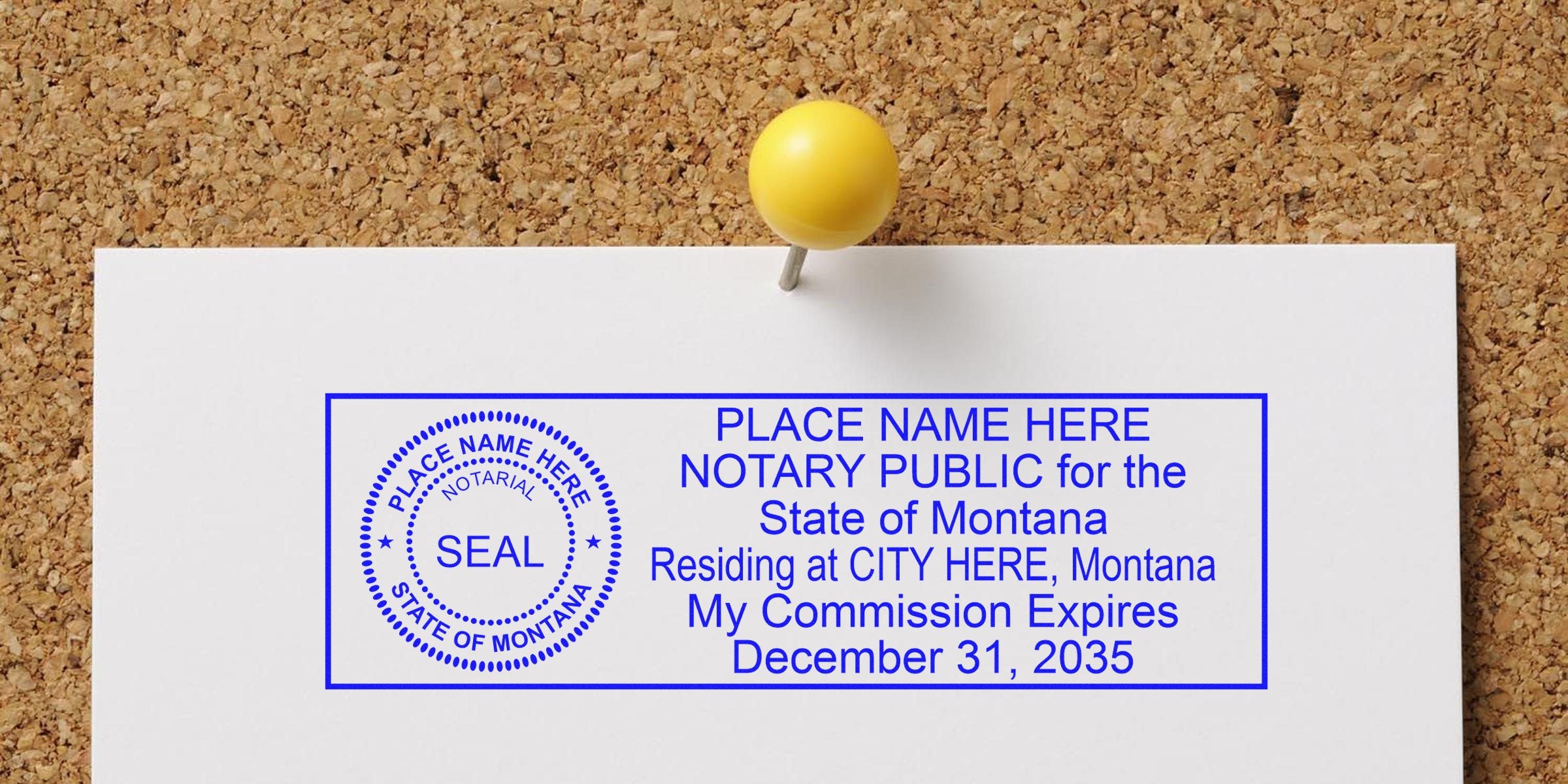 Blue Montana notary public stamp and seal on white paper pinned to corkboard with yellow pushpin, placeholder name/city and commission expiration date December 31, 2035.