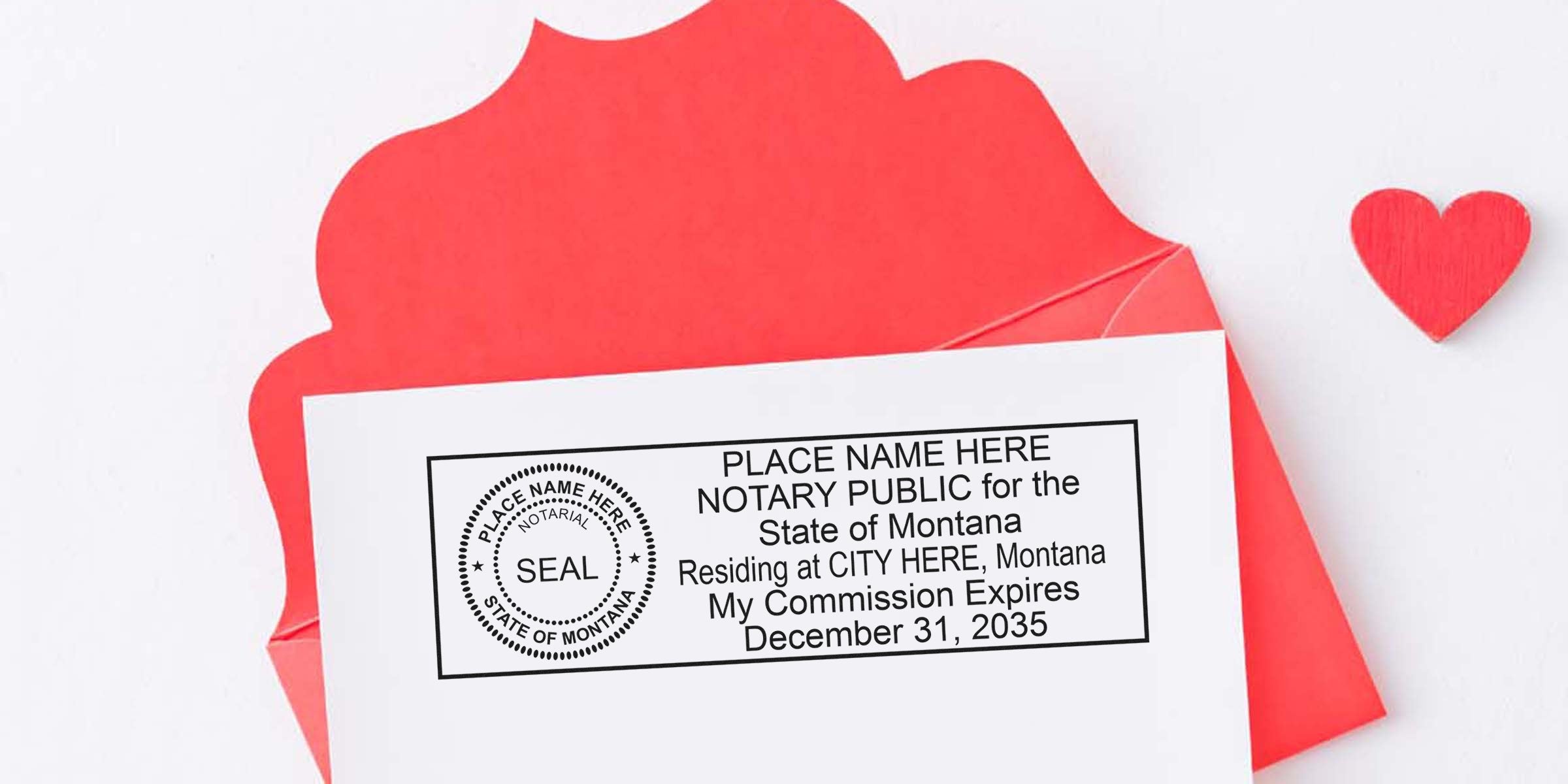 Notary stamp template on a white card inside a red scalloped envelope with a small red wooden heart; Montana notary seal mockup and commission details visible