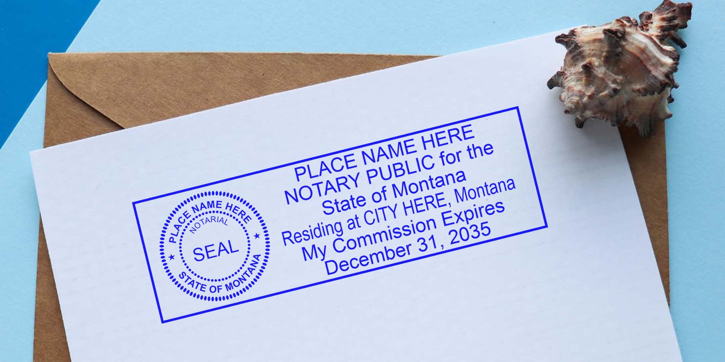 Blue notary public stamp and circular “State of Montana” seal on white document, resting on a brown envelope with a decorative seashell, close-up.
