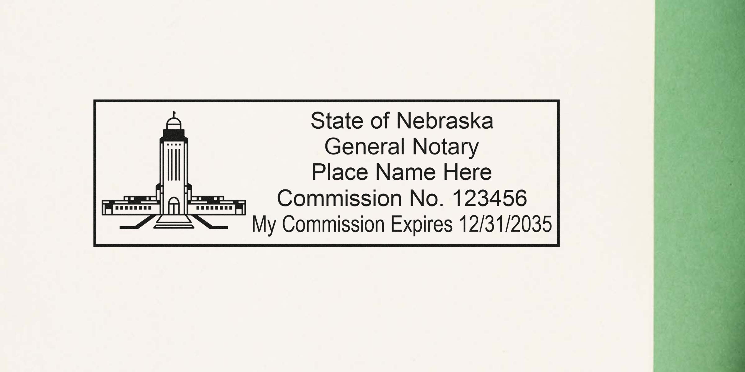 State of Nebraska notary stamp showing Nebraska Capitol building icon, placeholder name, commission no. 123456 and commission expiration 12/31/2035 inside a rectangular border — notary stamp mockup for documents