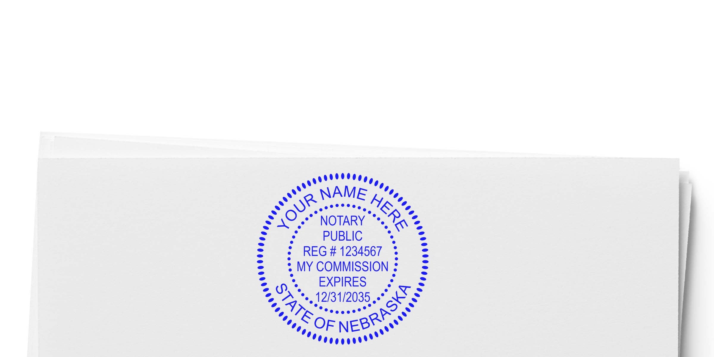 Blue circular State of Nebraska notary public stamp on white paper showing placeholder name, reg #1234567 and commission expiration date 12/31/2035.