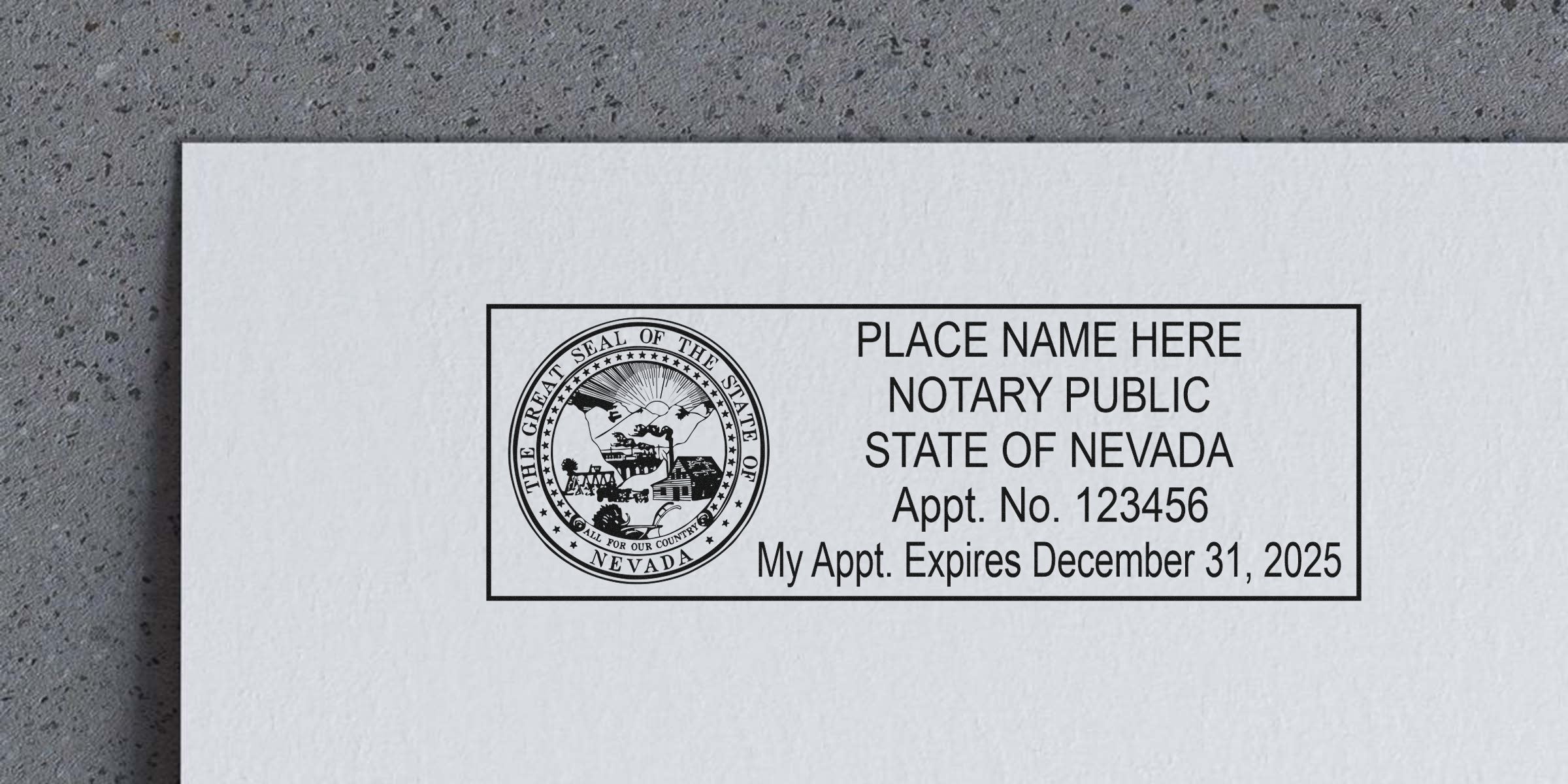 Nevada notary stamp template with state seal, placeholder name, "Notary Public State of Nevada", Appt. No. 123456 and expiration Dec 31, 2025