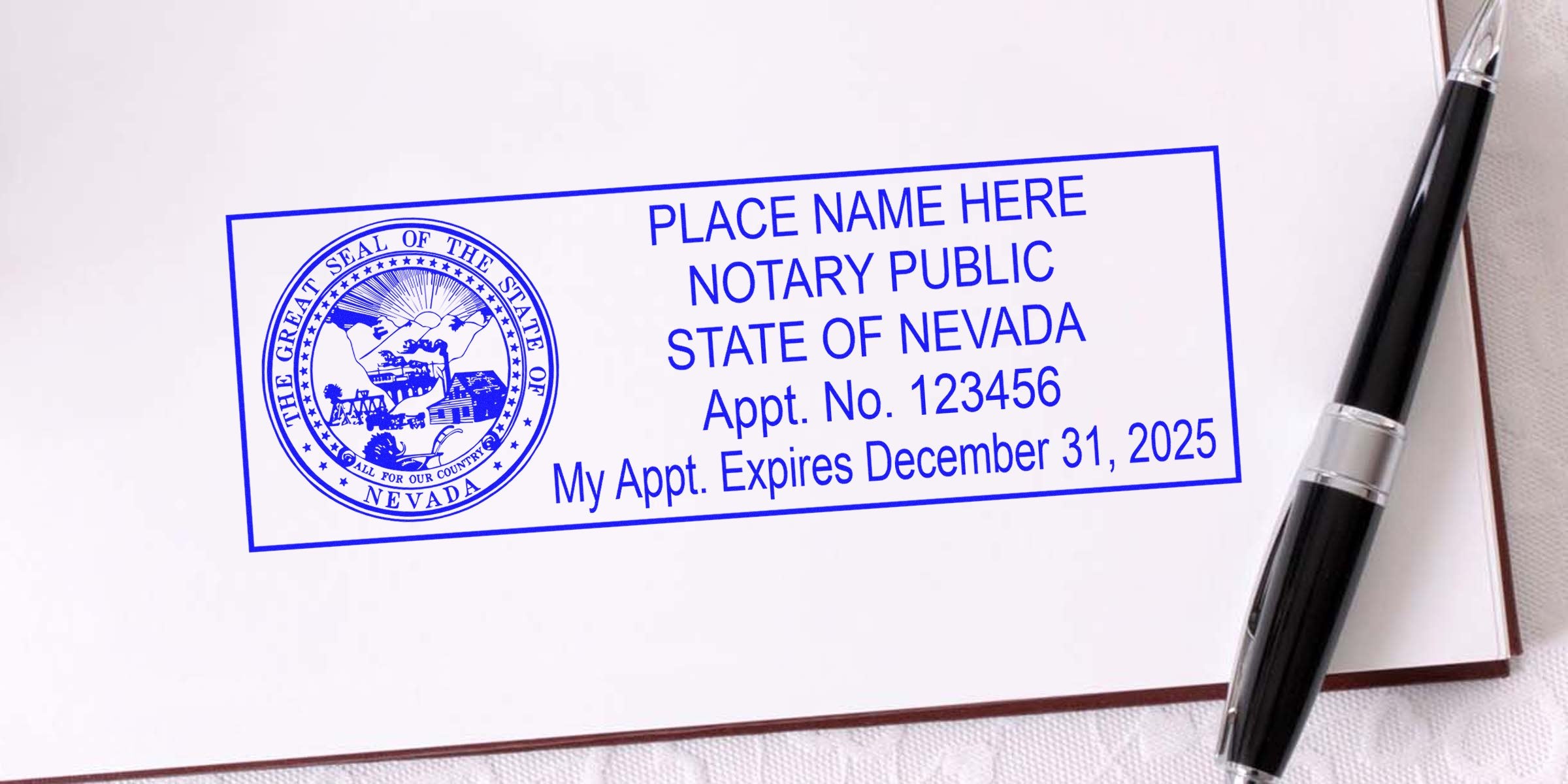 Blue rectangular Nevada notary public stamp on notebook page reading "Notary Public State of Nevada Appt. No. 123456 Expires December 31, 2025" with black pen nearby